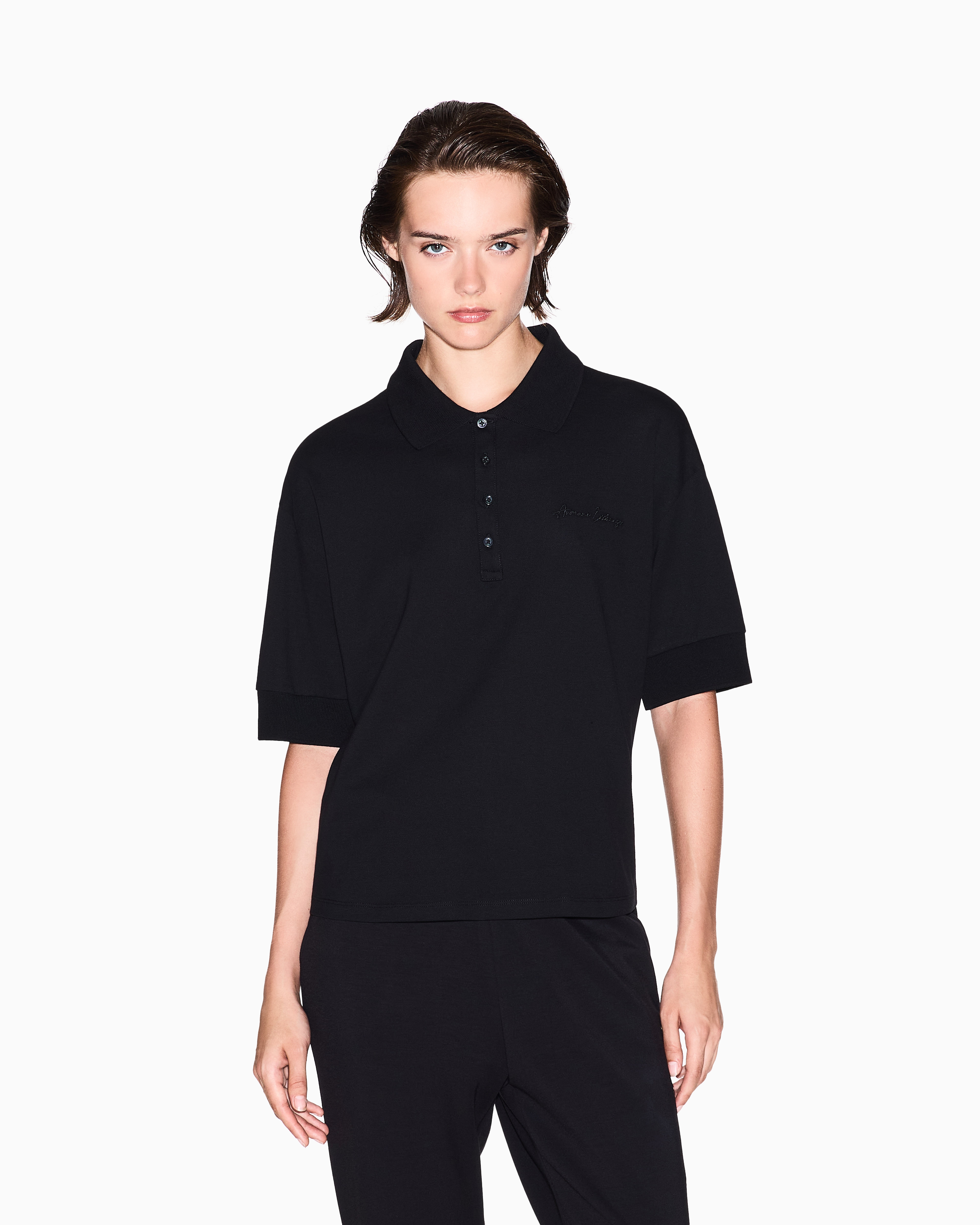 Armani Exchange - Stretch pique polo shirt with logo, Woman, Black, Size: