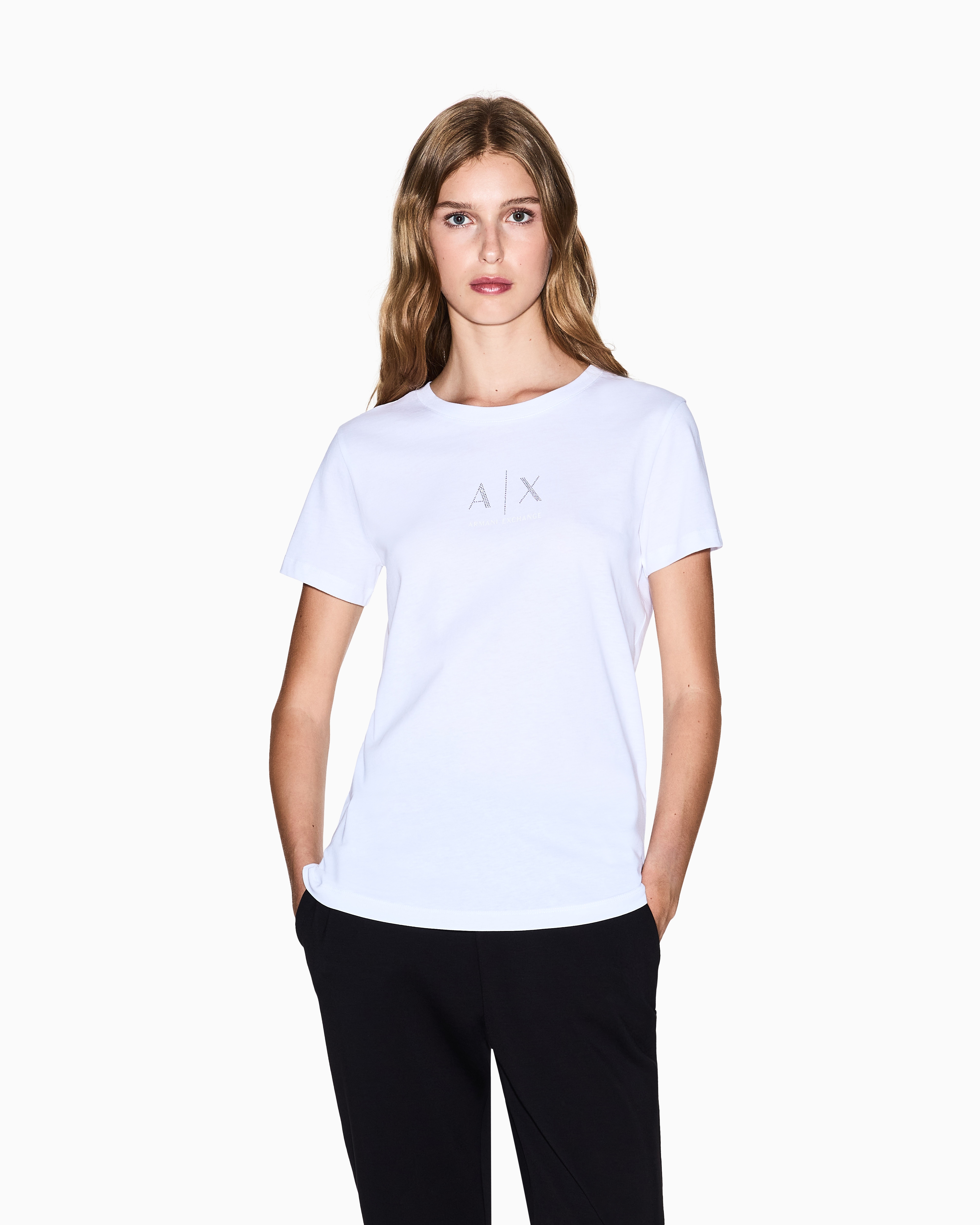 Armani Exchange - Regular fit T-shirt with glitter logo, Woman, White, Size: