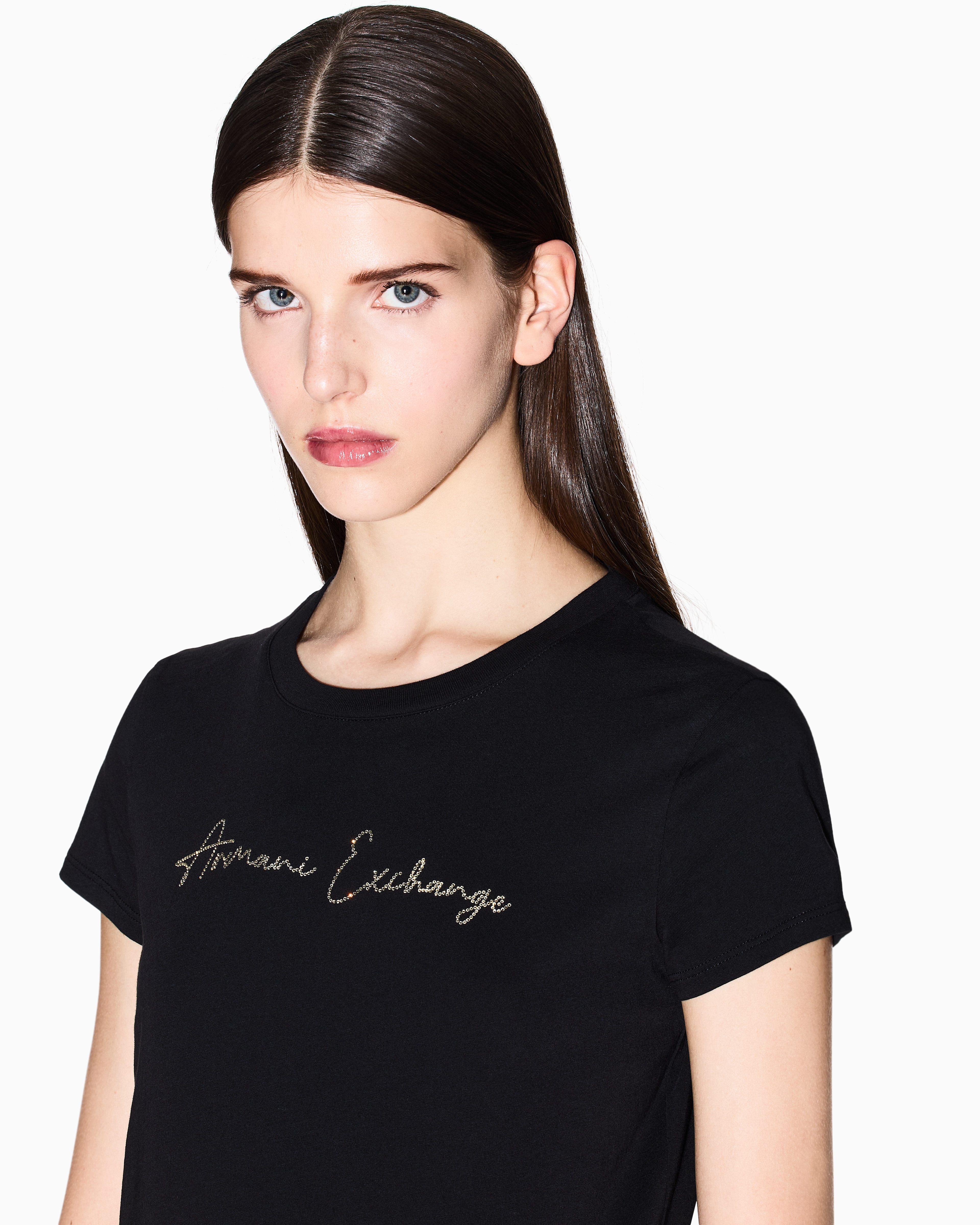Armani Exchange - Slim fit T-shirt with glitter logo, Woman, Black, Size: