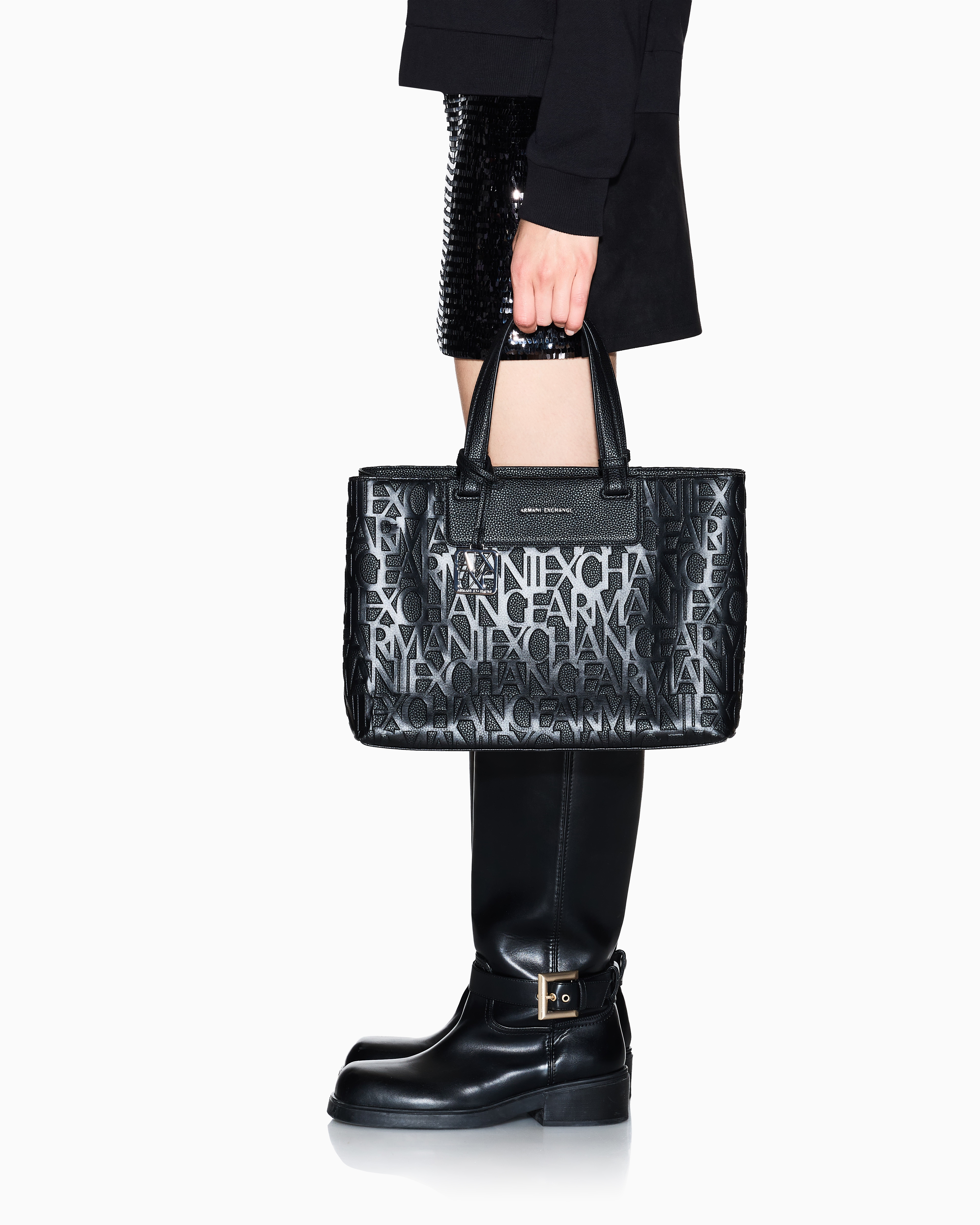 Armani Exchange - Handbag with allover logo, Woman, Black, Size: TU