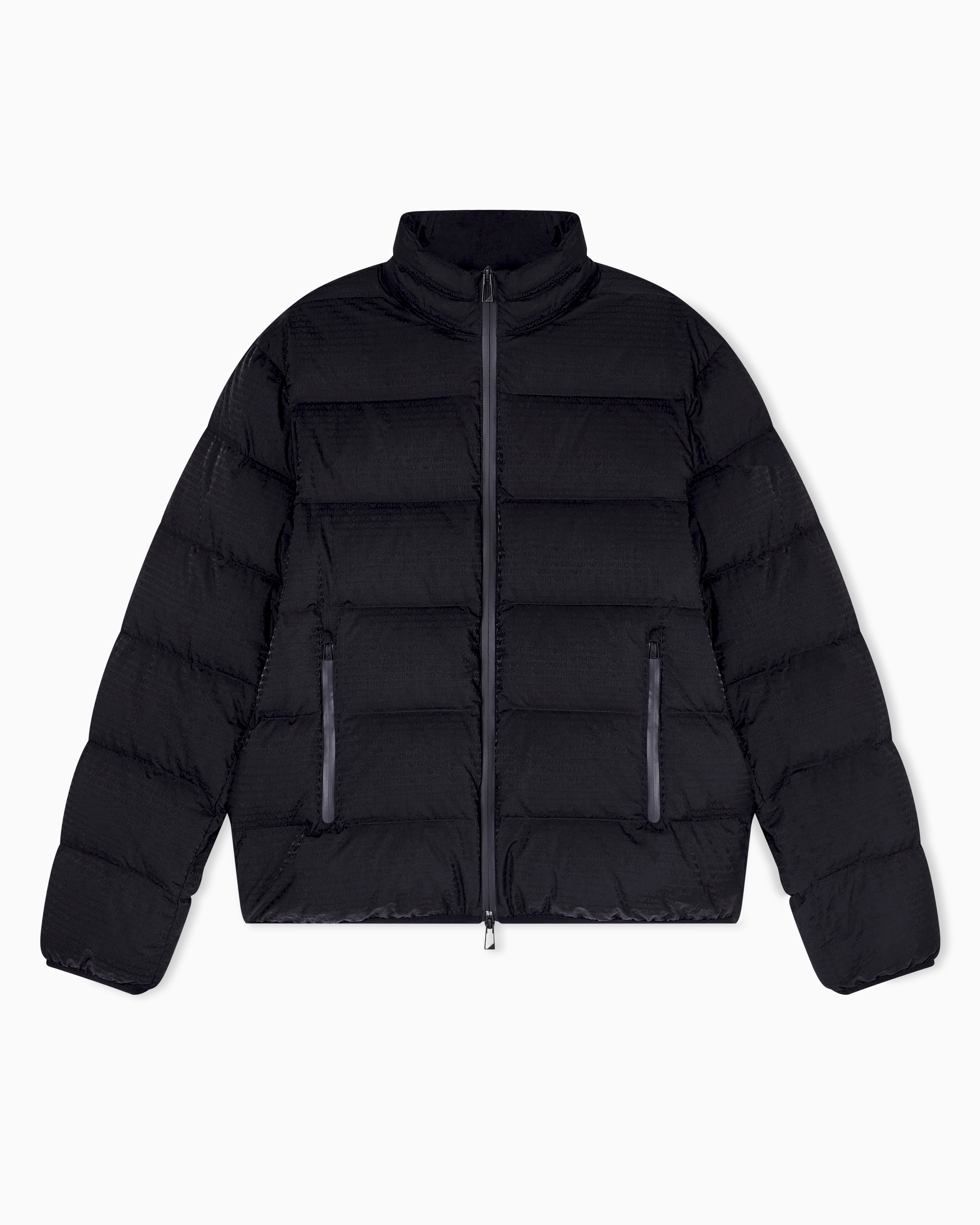 Emporio Armani Men's Black Water-Repellent, Quilted Nylon Down Jacket With Jacquard Logo Lettering