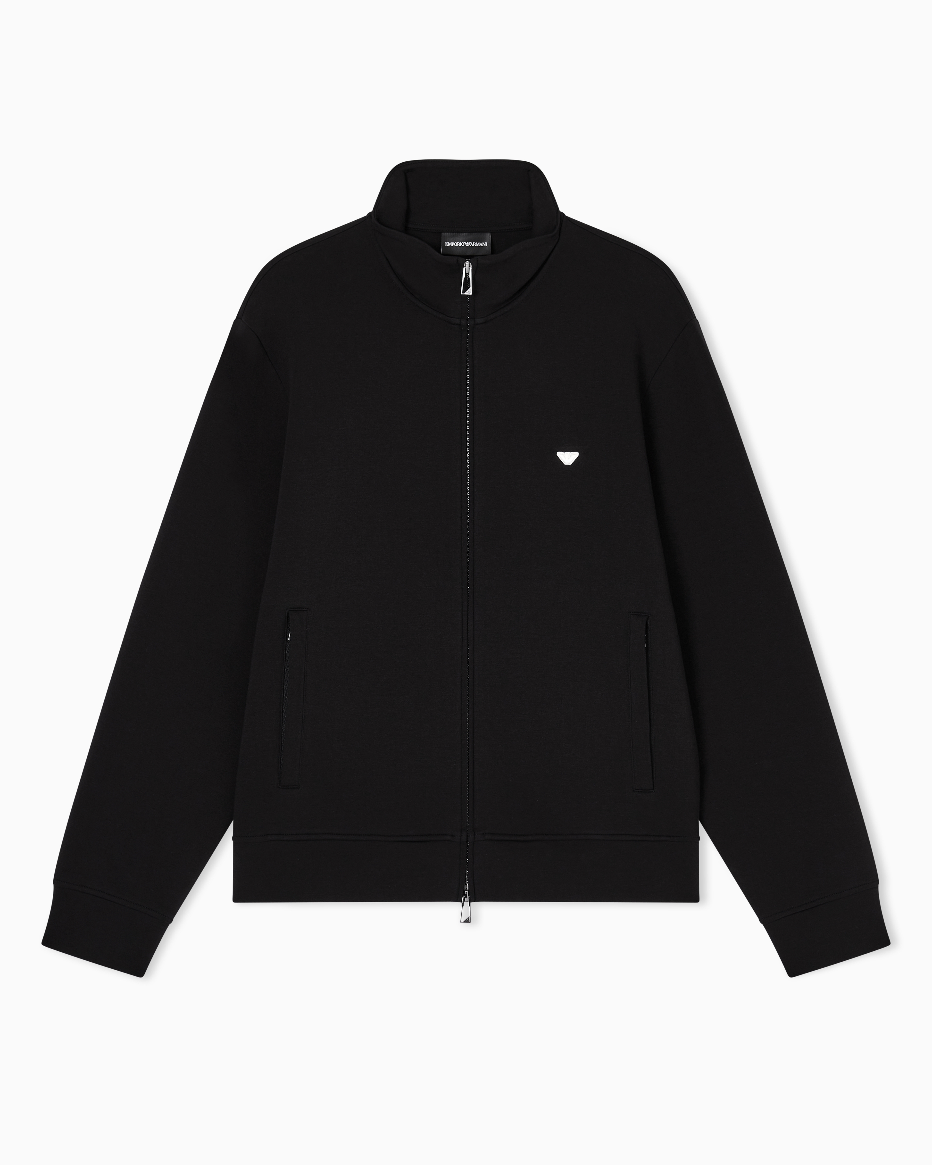 Emporio Armani Men's Black Full-Zip Sweatshirt In Double Jersey With Micro Eagle Embroidery