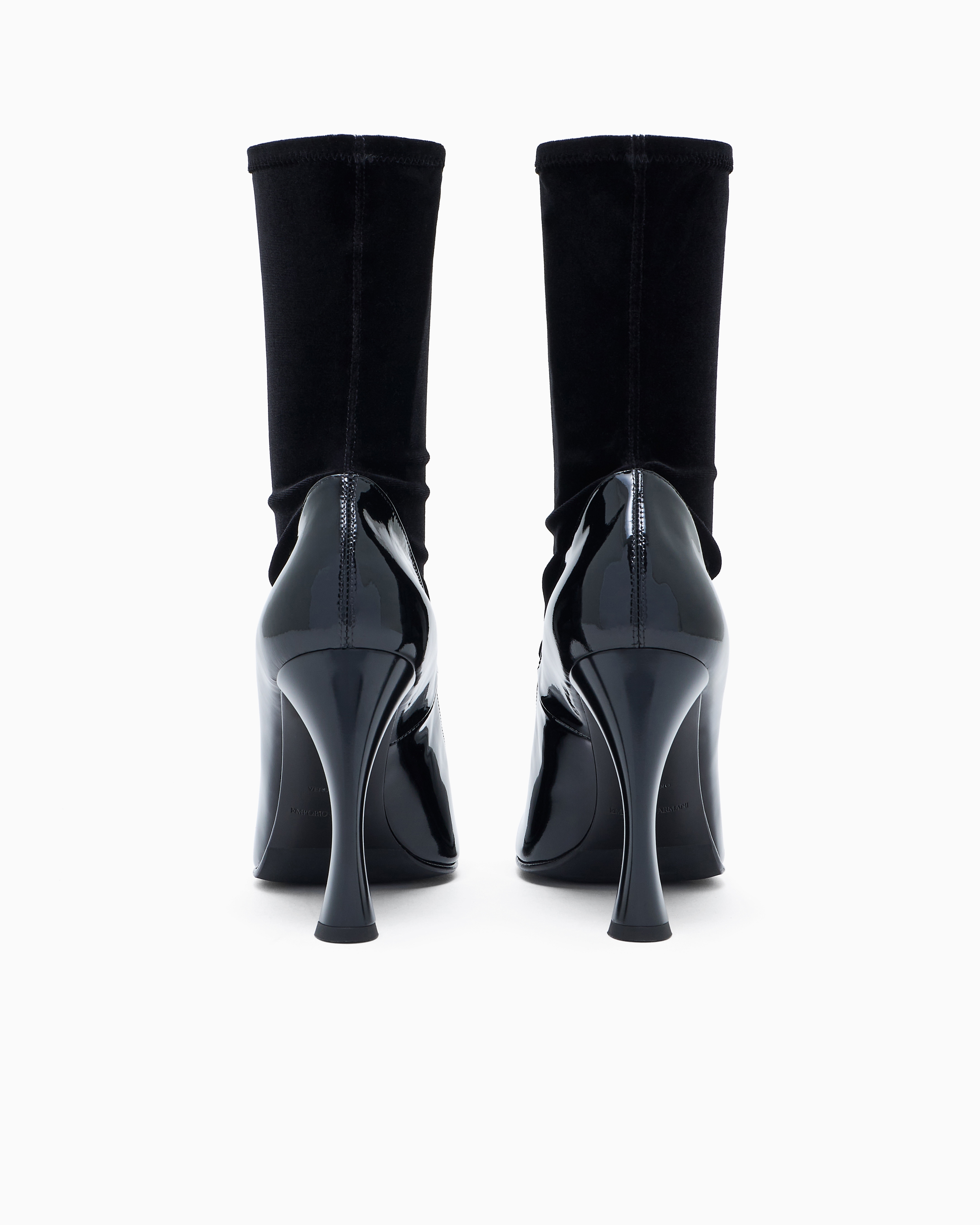 Emporio Armani - Velvet and patent-leather ankle boots with a curved heel, Woman, Black, Size: