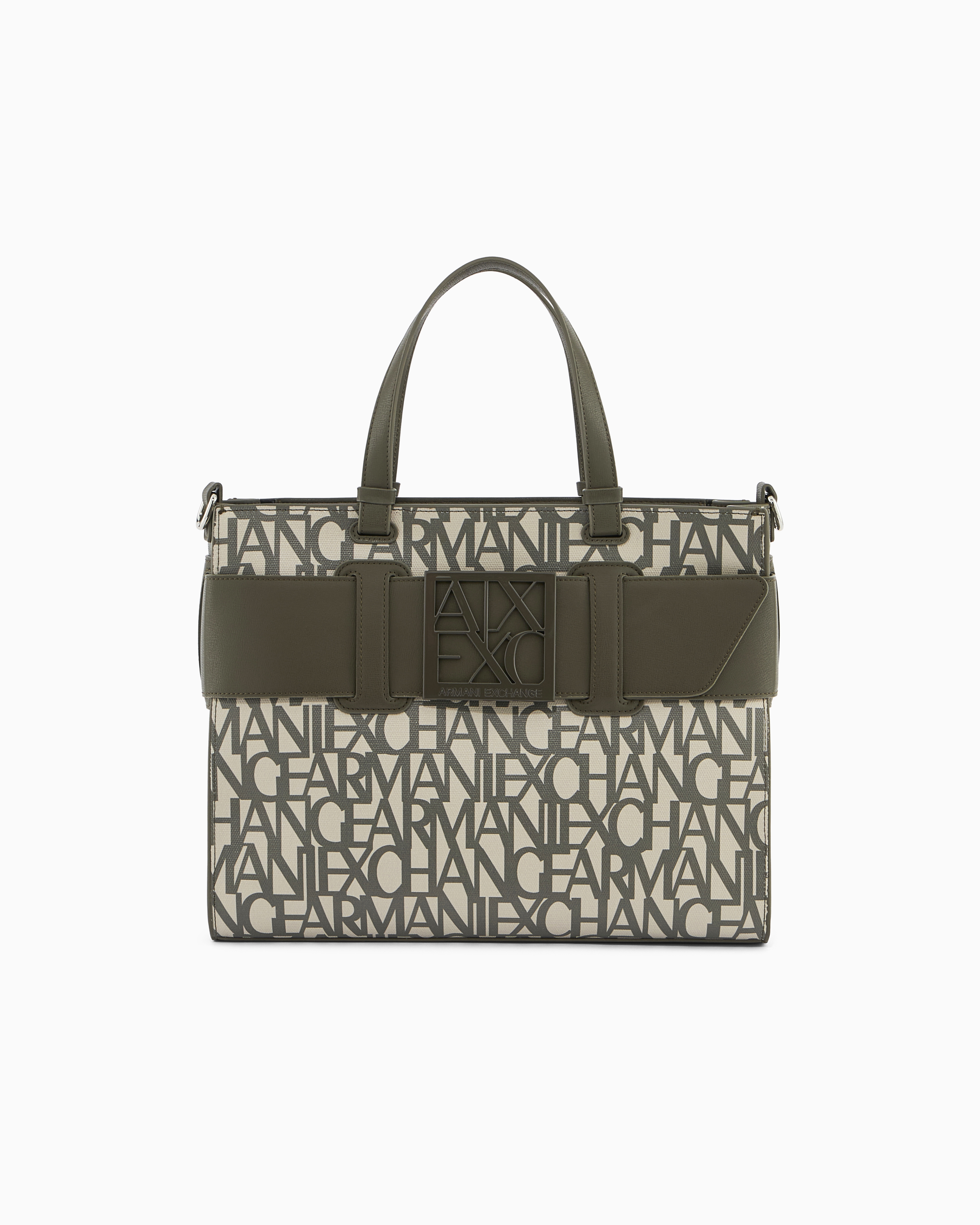 Armani Exchange Green Shopping Bag In Coated Cotton With Monogram