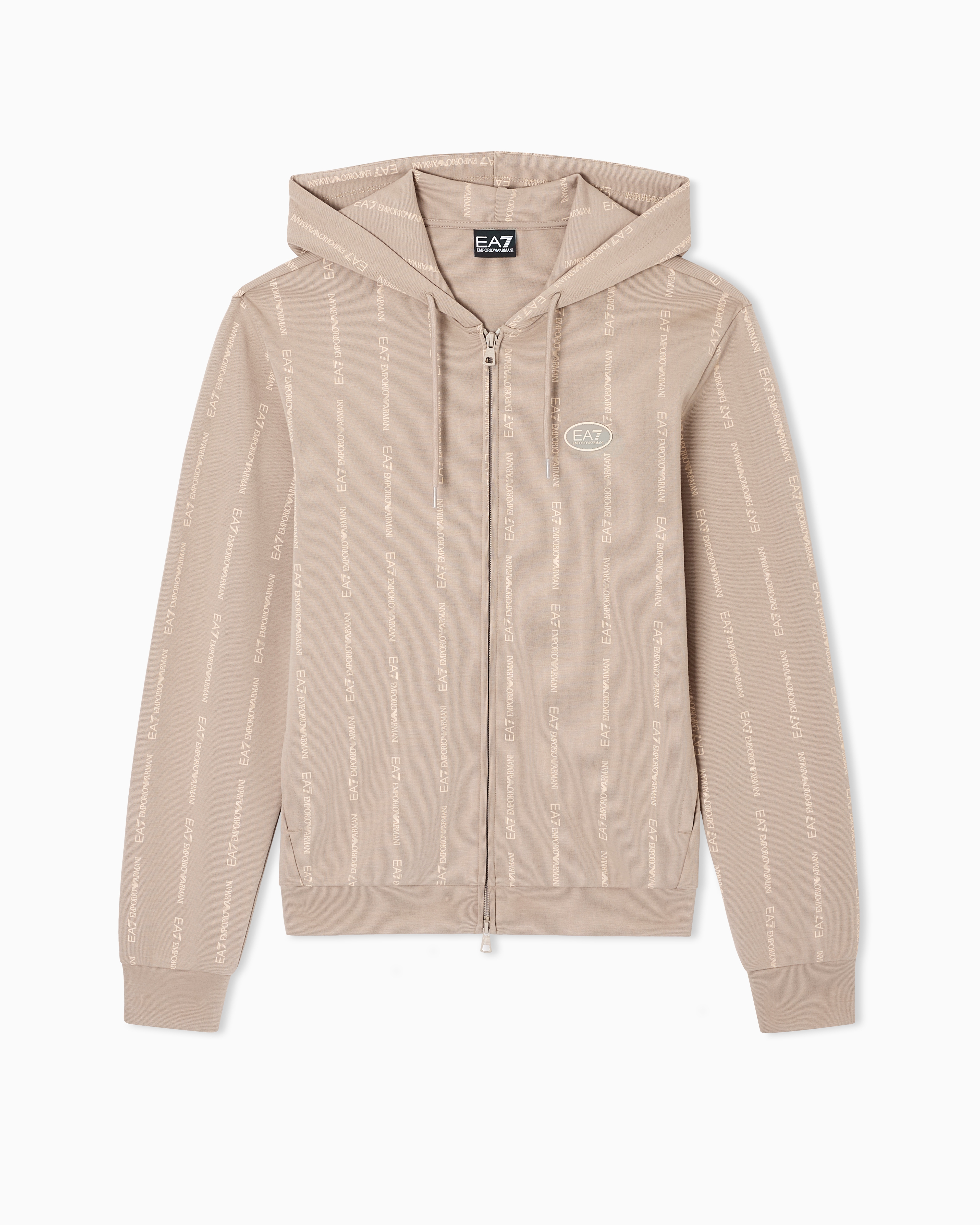 Ea7 Beige Graphic Series Cotton-Blend Hooded Zip-Up Sweatshirt