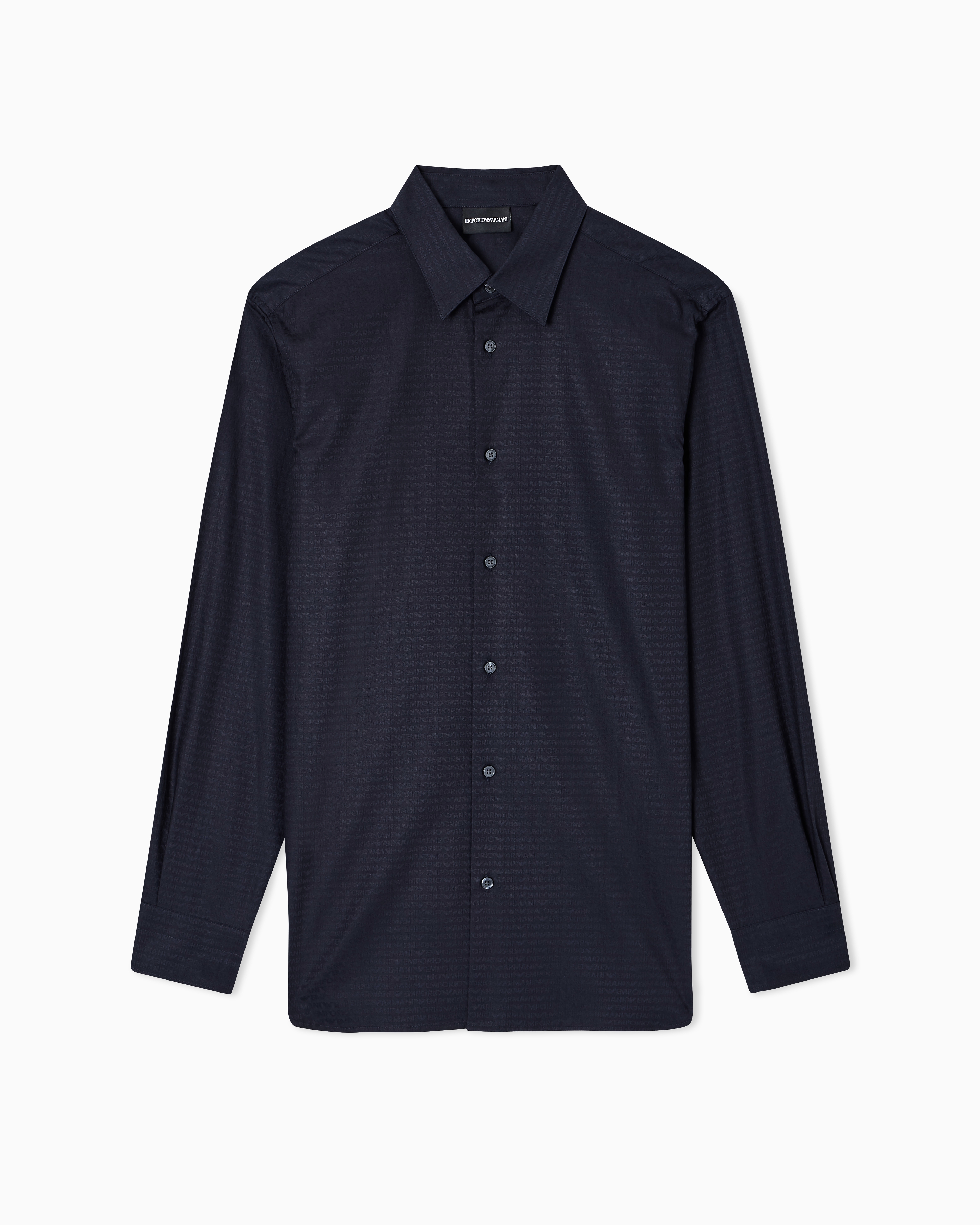 Emporio Armani Men's Navy Blue Jacquard Shirt With All-Over Lettering