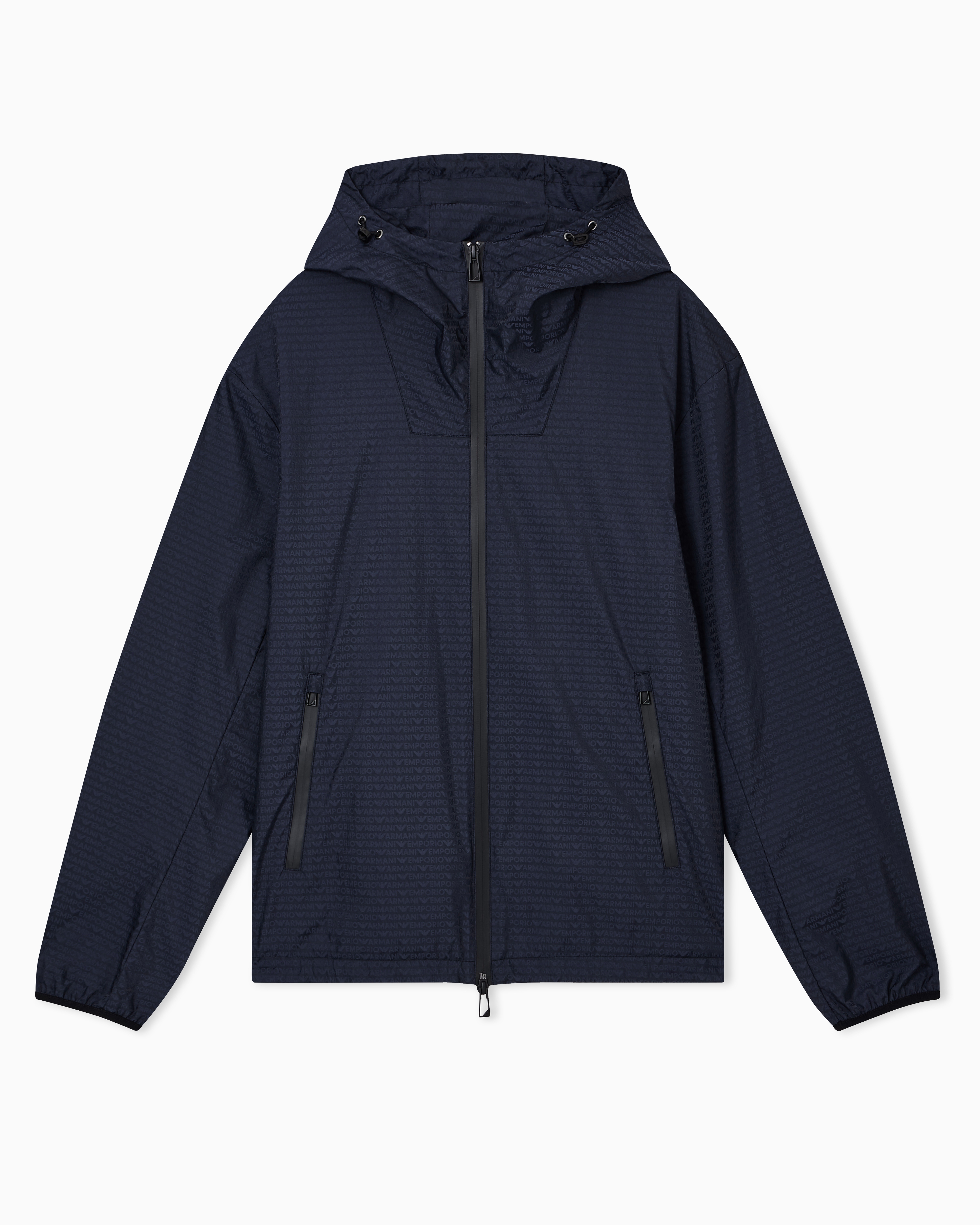 Emporio Armani Men's Navy Blue Water-Repellent Blouson In Jacquard Nylon With All-Over Lettering