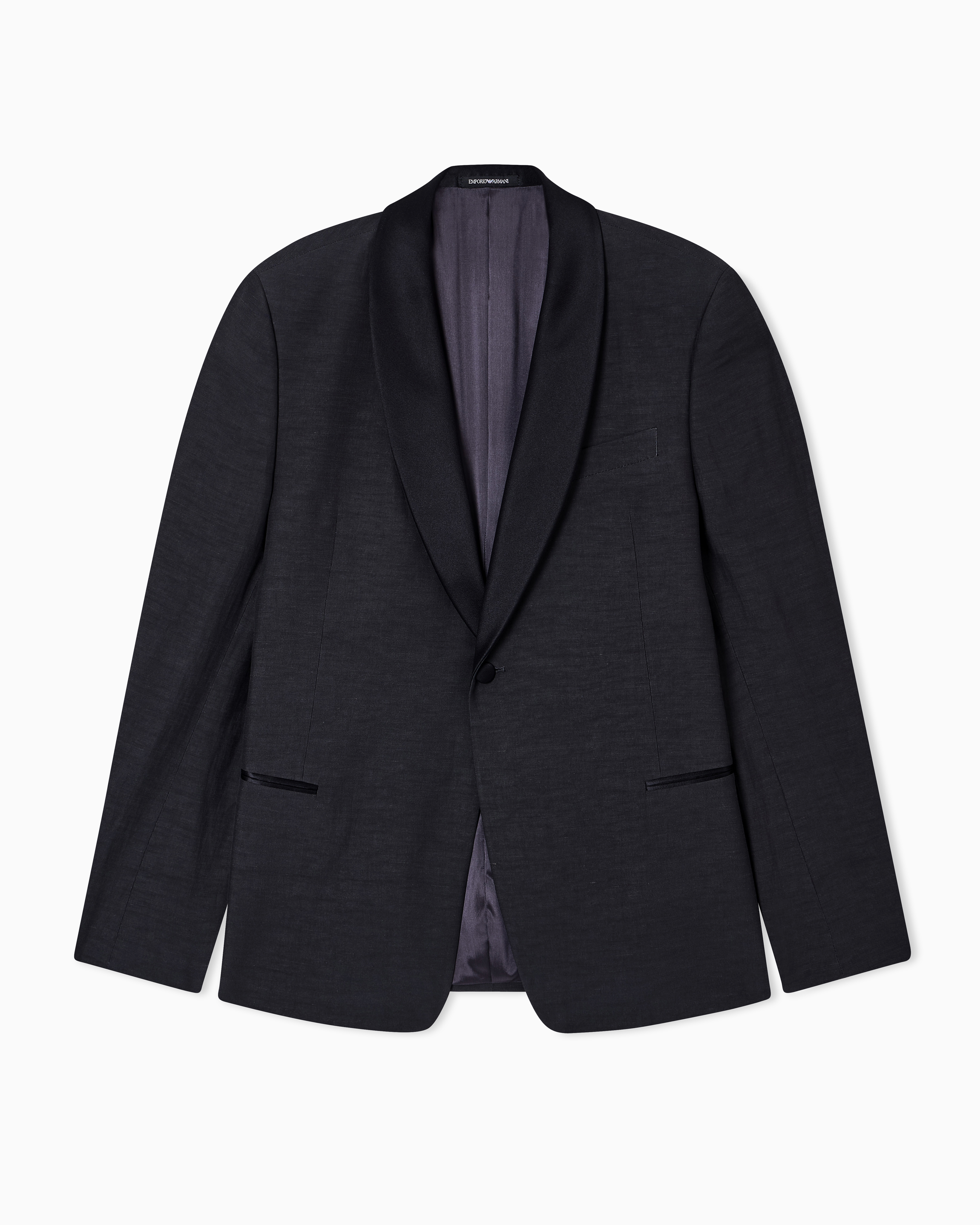 Emporio Armani Navy Blue Single-Breasted Jacket In Fil-A-Fil Linen Blend Fabric