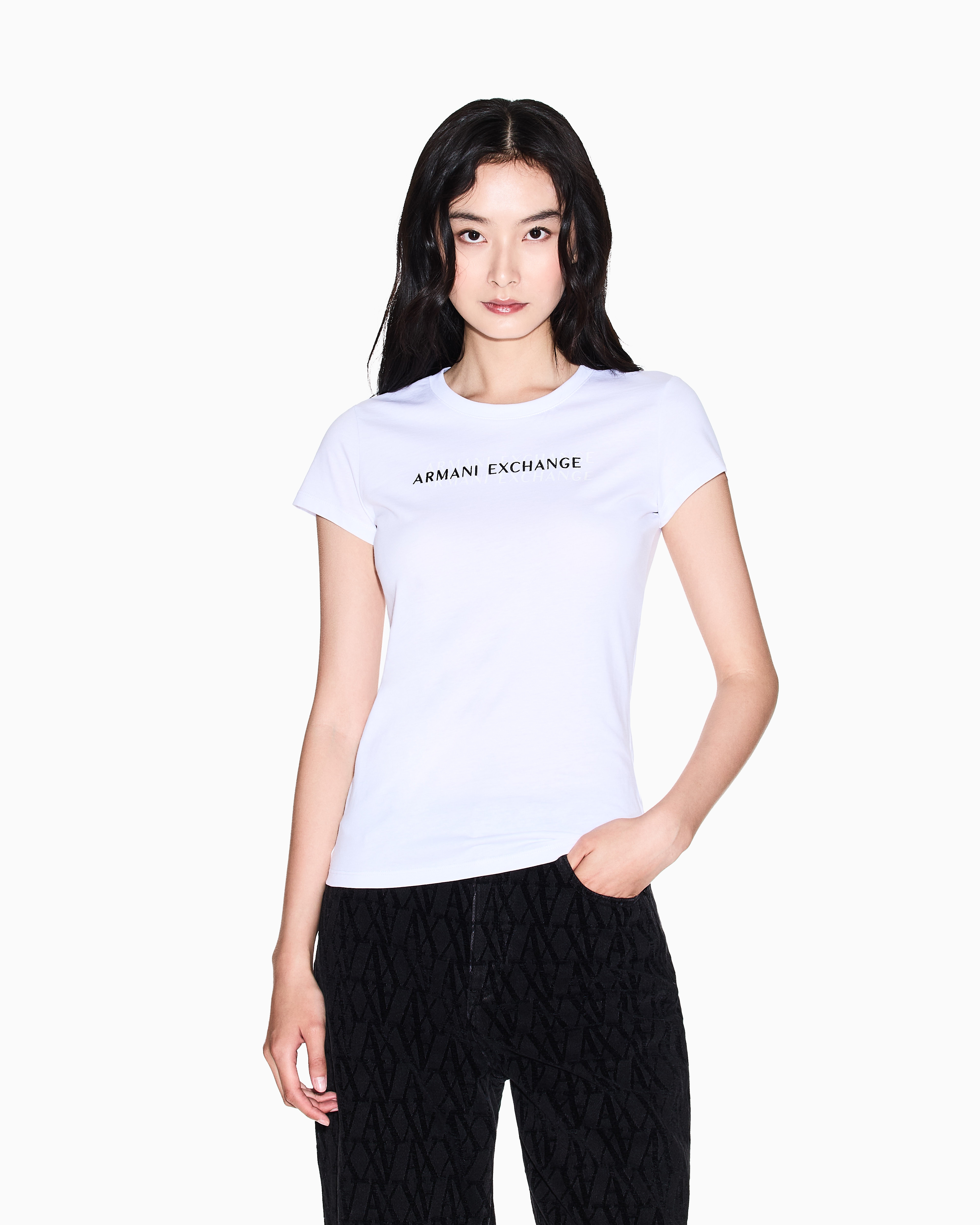 Armani Exchange - Slim fit T-shirt with logo lettering, Woman, White, Size: