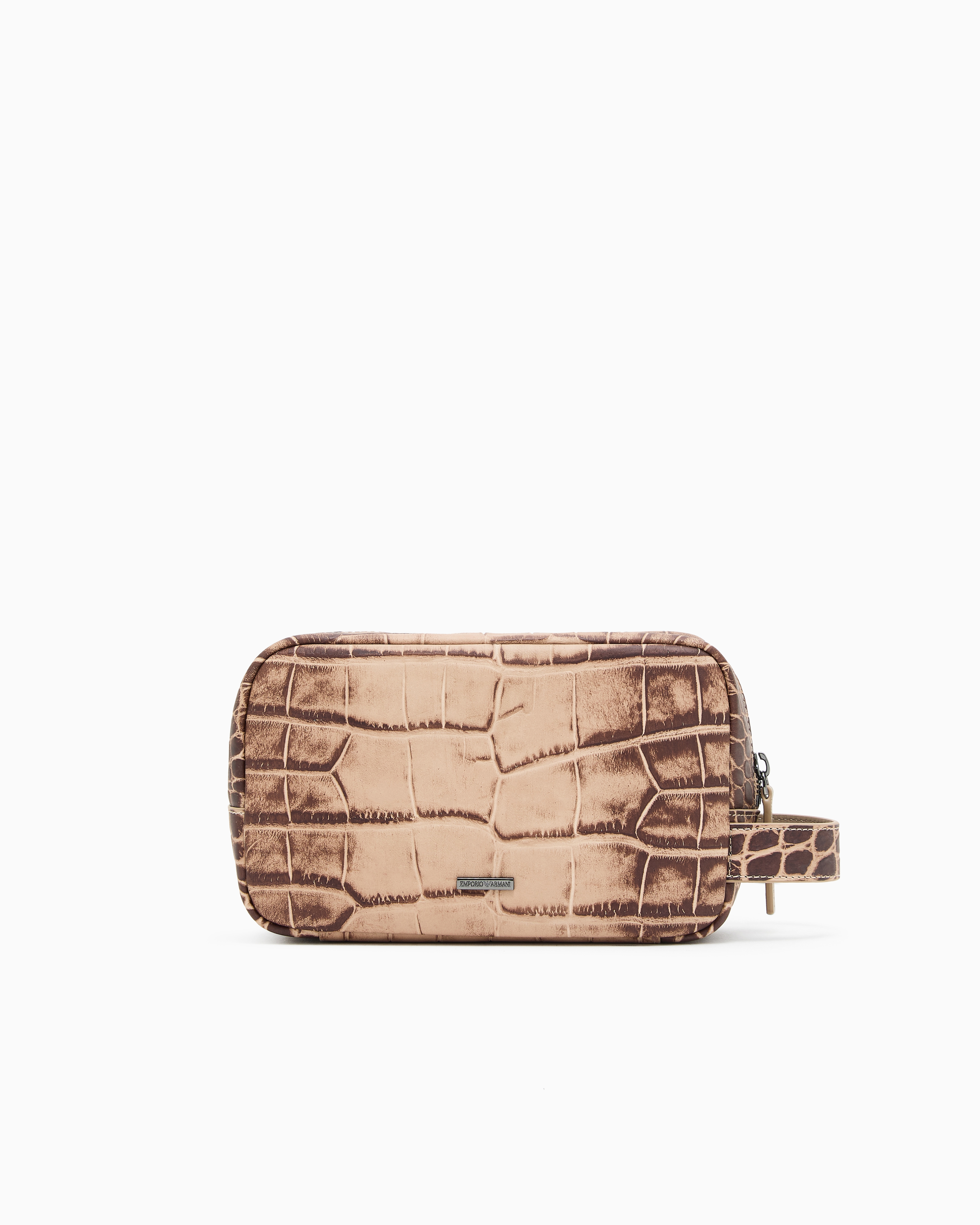 Emporio Armani - Crocodile-embossed leather washbag, Man, Beige, Size: TU
