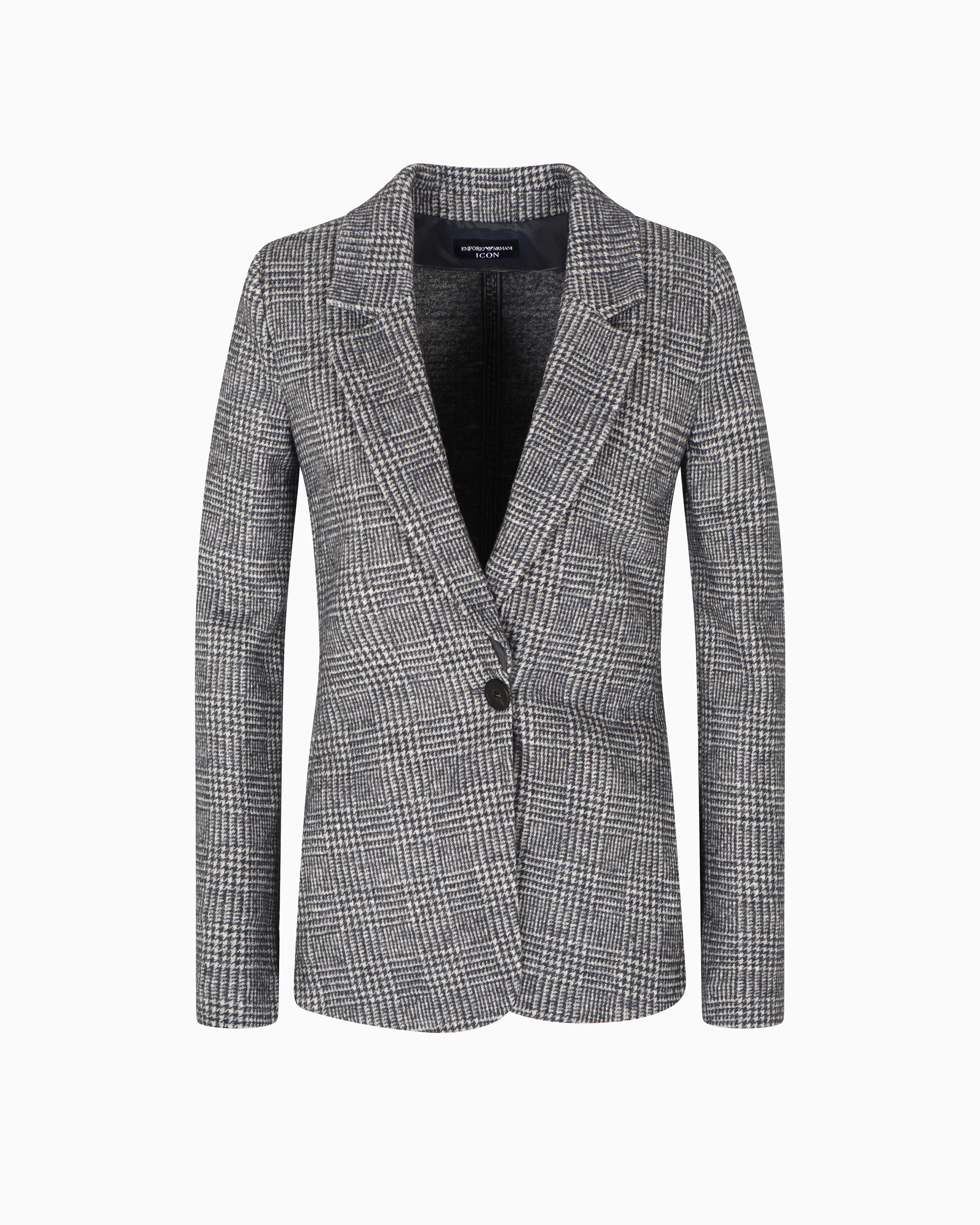 Emporio Armani - Icon Prince of Wales check compact knit jersey single-breasted blazer, Woman, Grey, Size:
