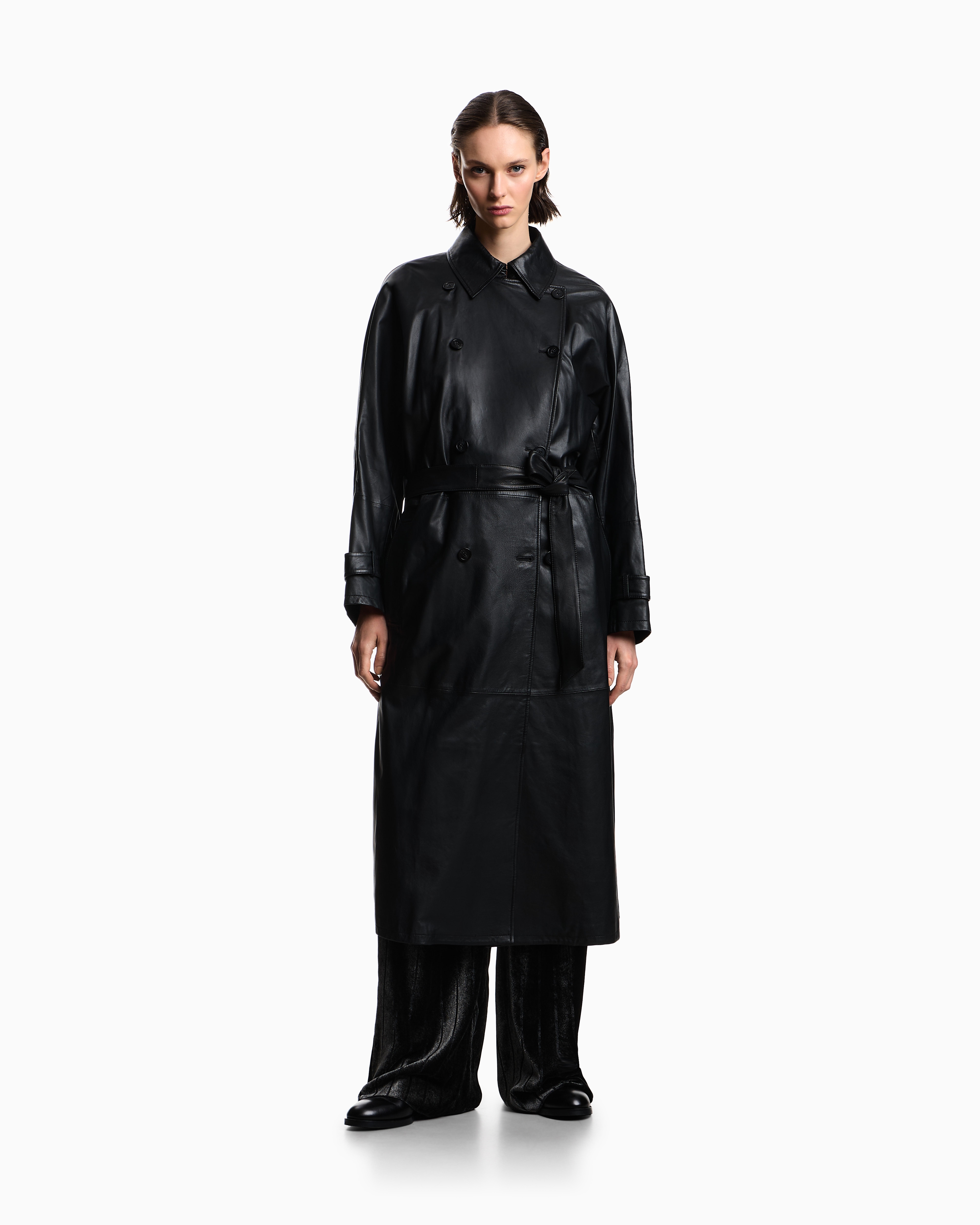 Emporio Armani - Nappa-lambskin, double-breasted trench coat with belt, Woman, Black, Size: