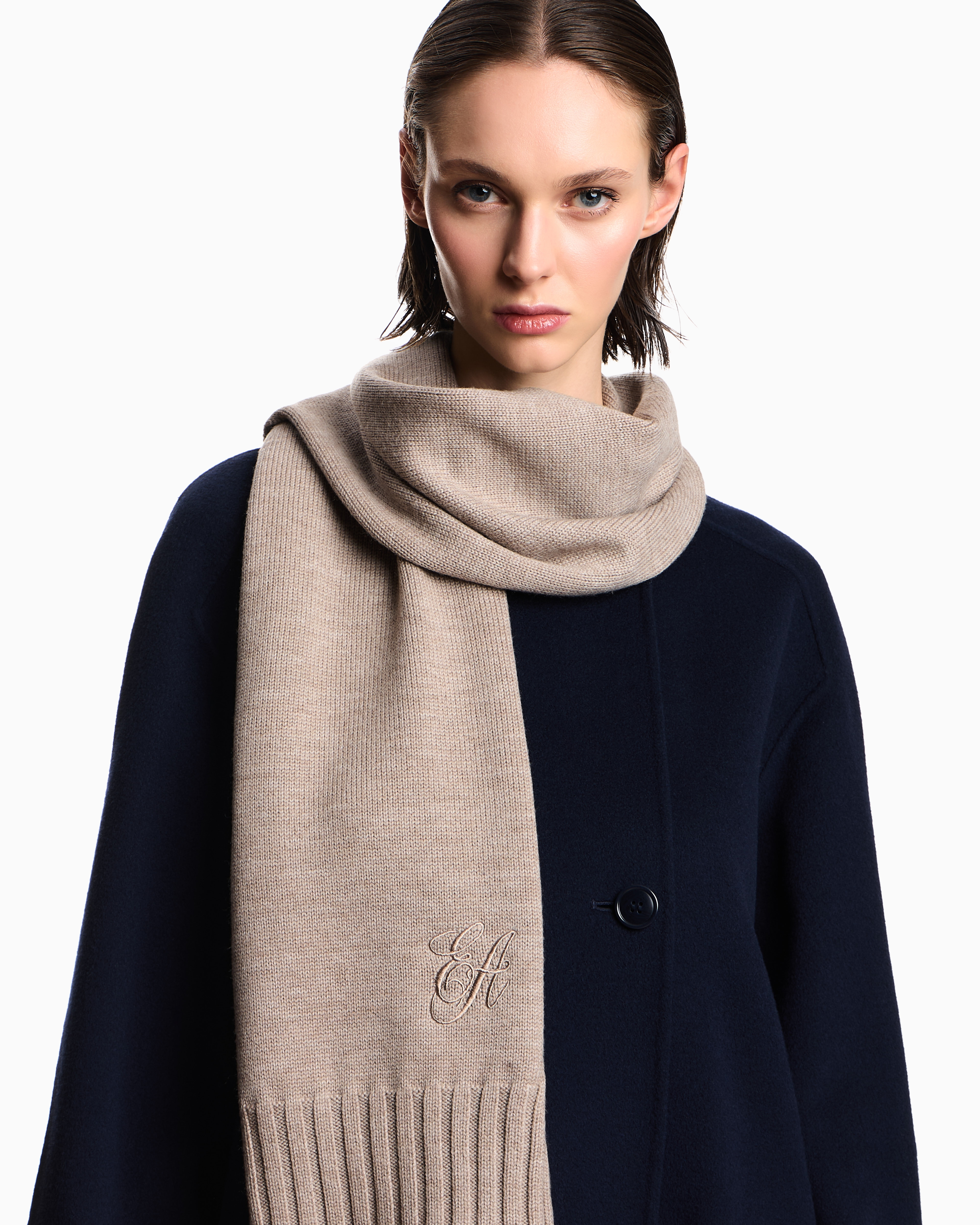 Emporio Armani - Wool scarf with EA signature logo embroidery, Woman, Beige, Size: TU