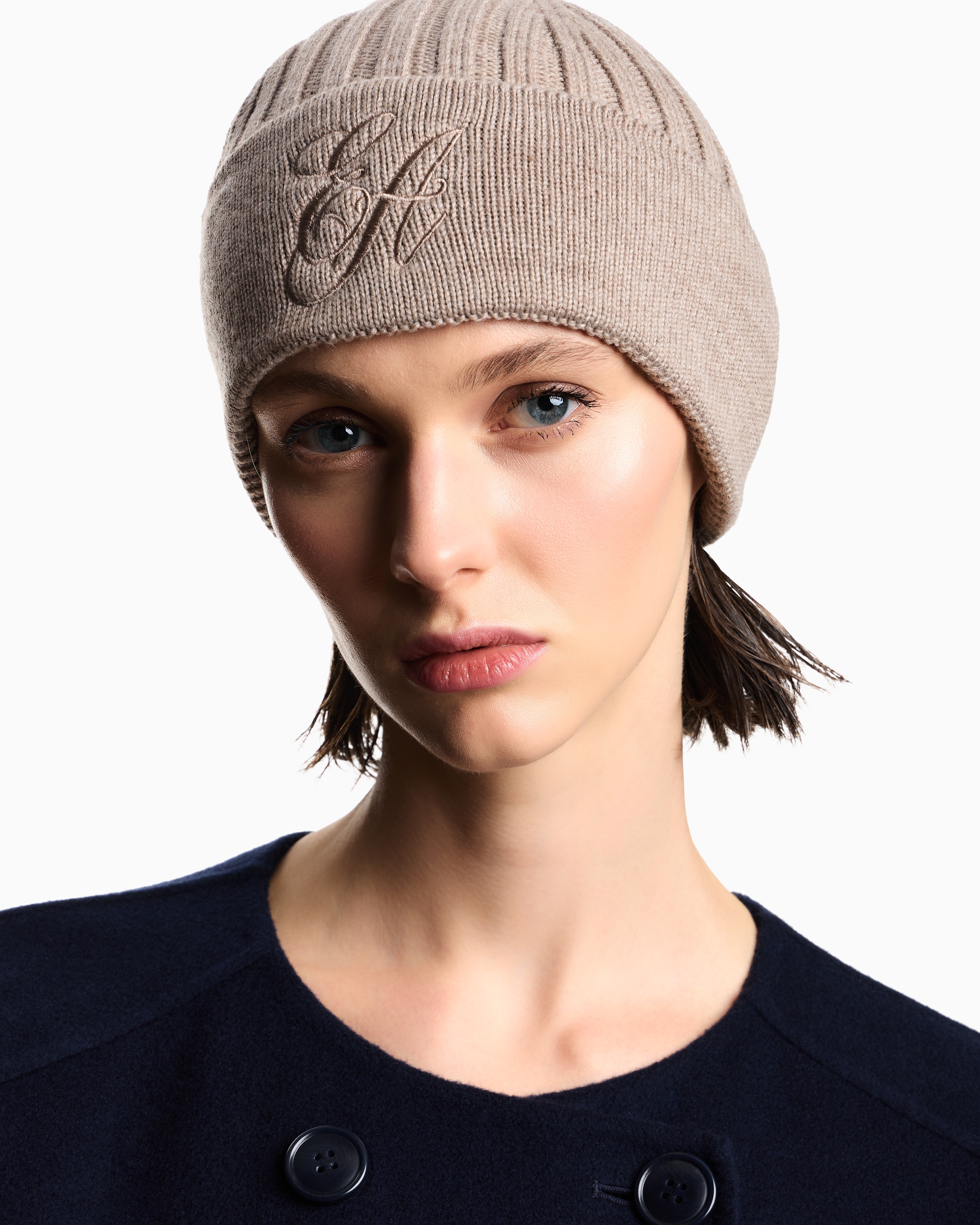 Emporio Armani - Ribbed wool beanie with EA signature embroidery, Woman, Beige, Size: