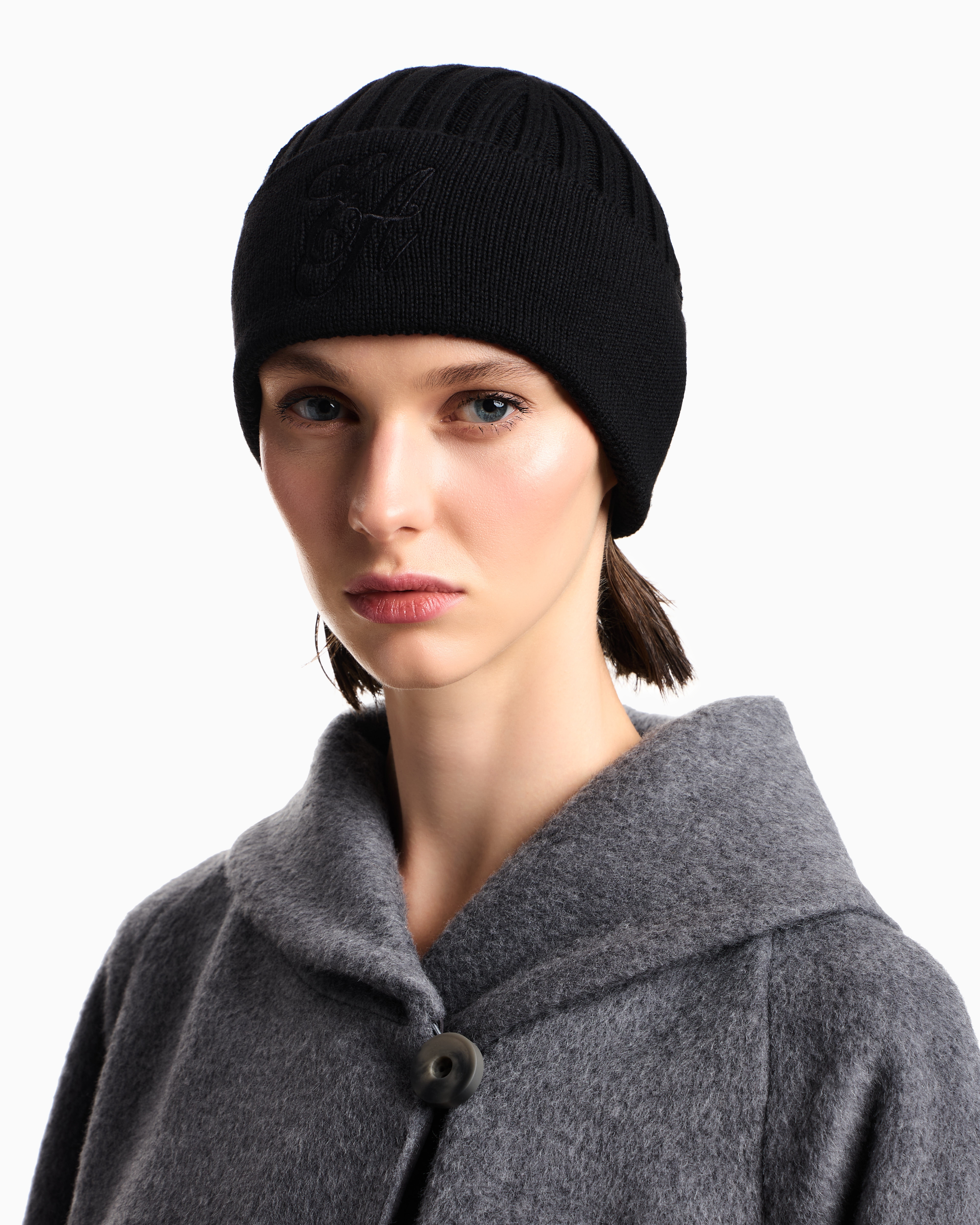 Emporio Armani - Ribbed wool beanie with EA signature embroidery, Woman, Black, Size: