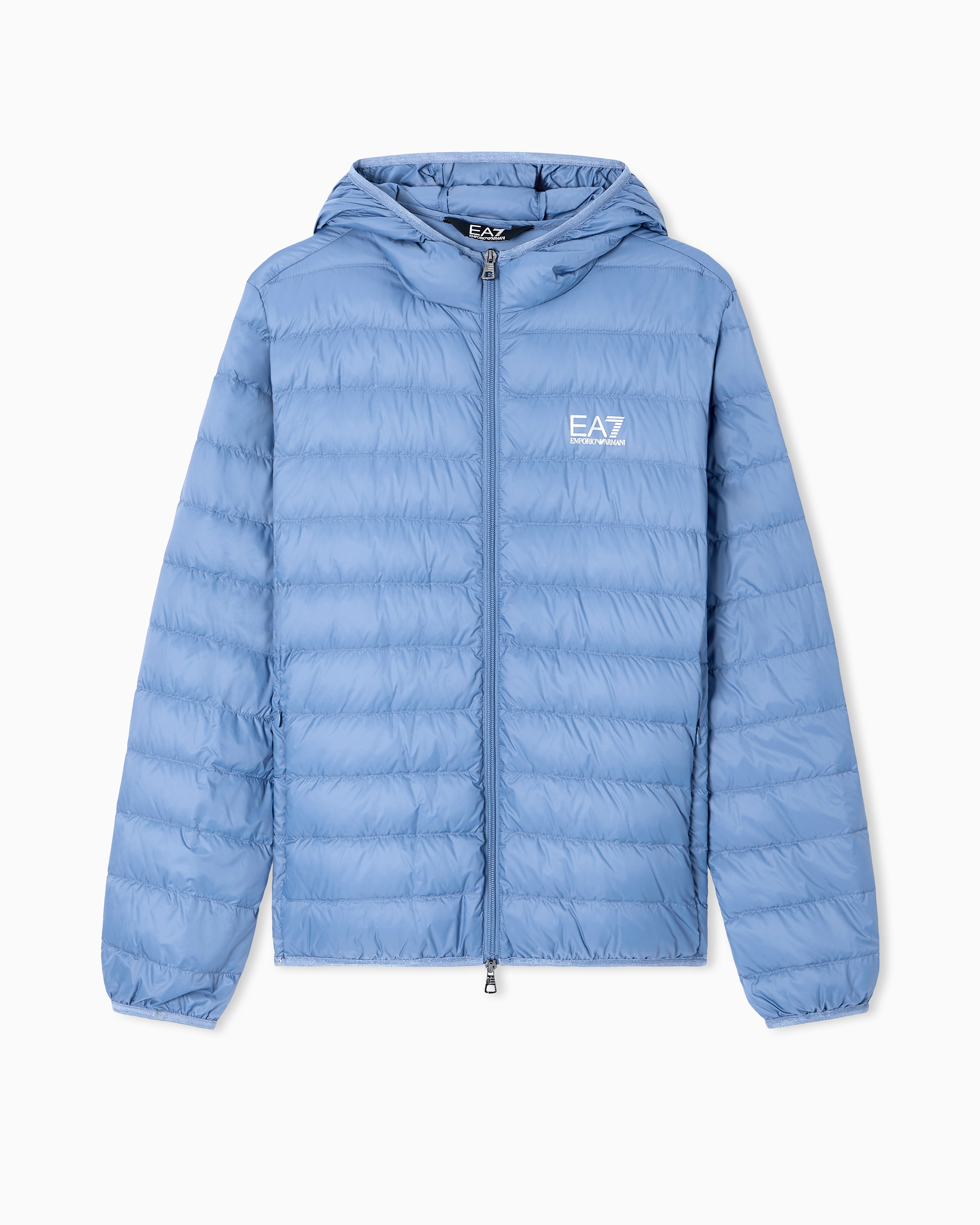 Ea7 Core Identity Packable Down Jacket With Hood In Blue