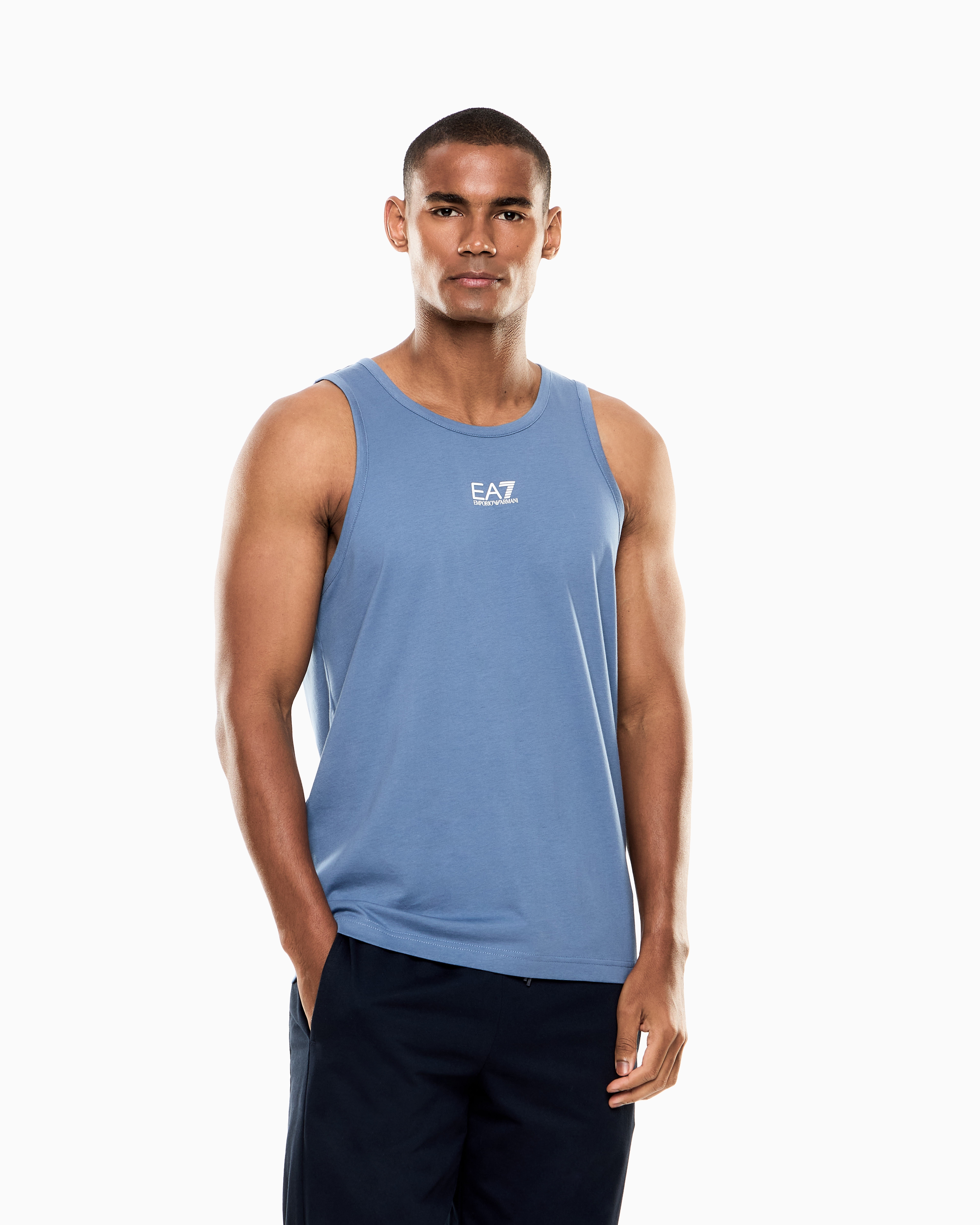 Ea7 Core Identity Cotton Jersey Tank Top In Blue