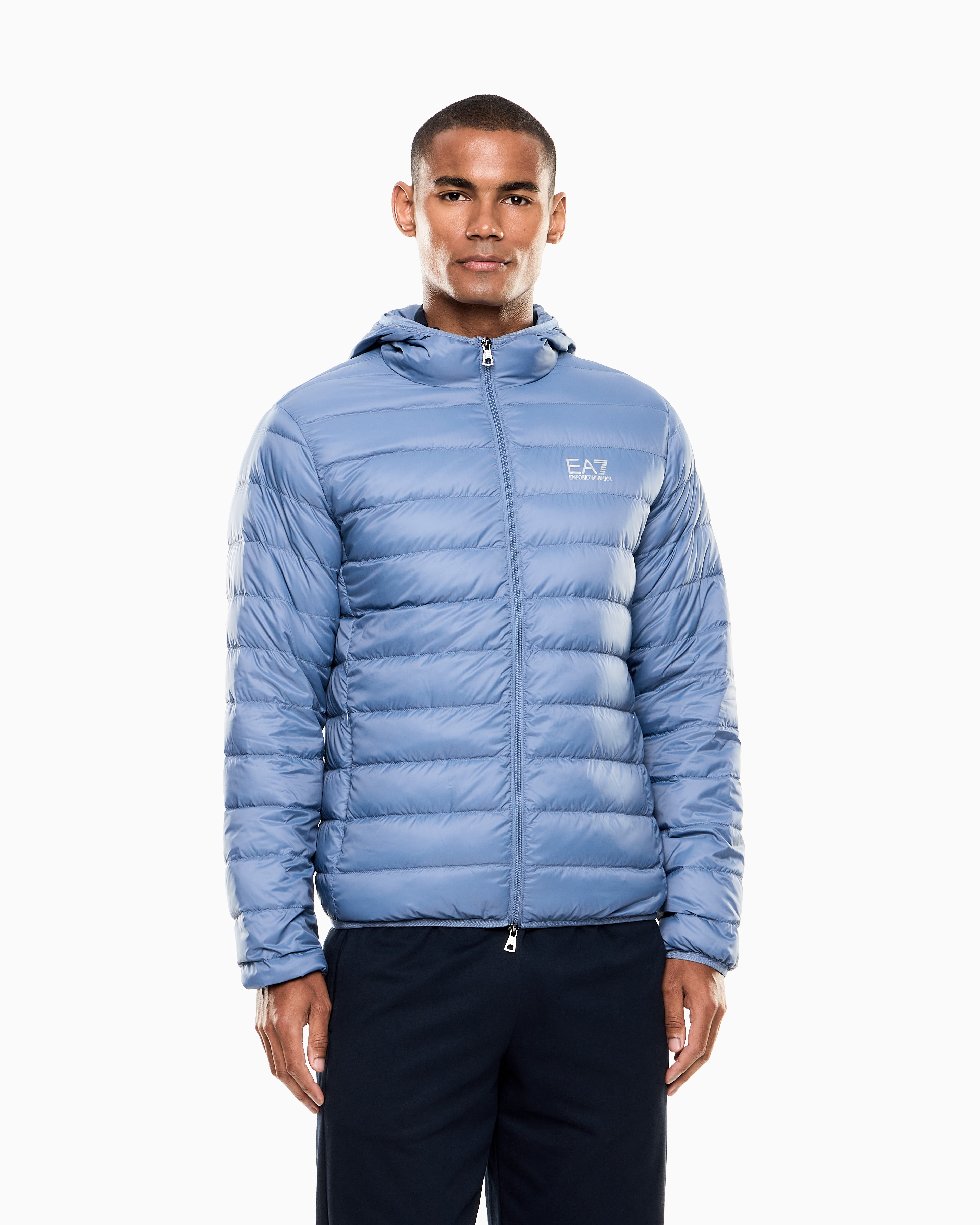 Ea7 Core Identity Packable Down Jacket With Hood In Blue