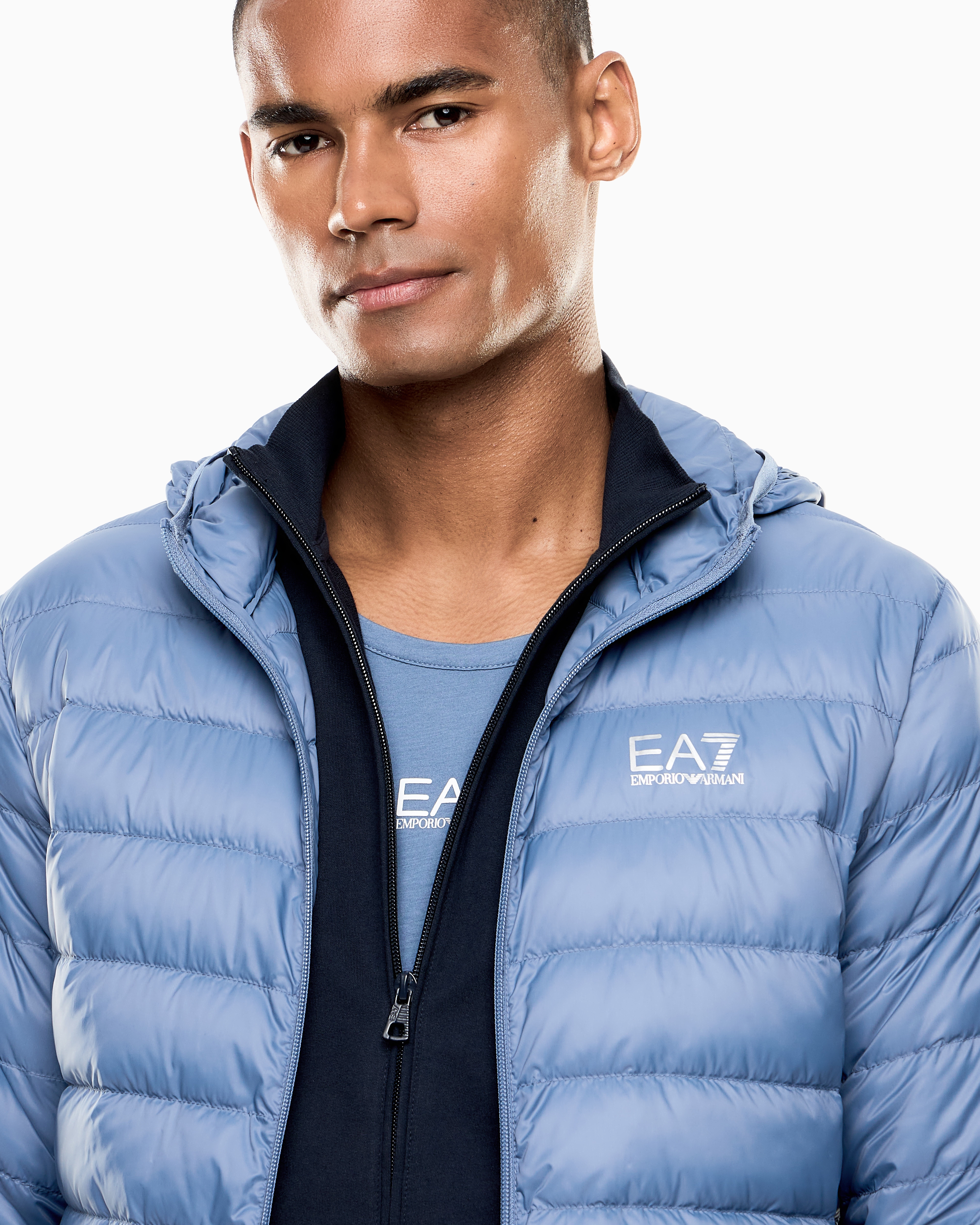 Ea7 Core Identity Packable Down Jacket With Hood In Blue
