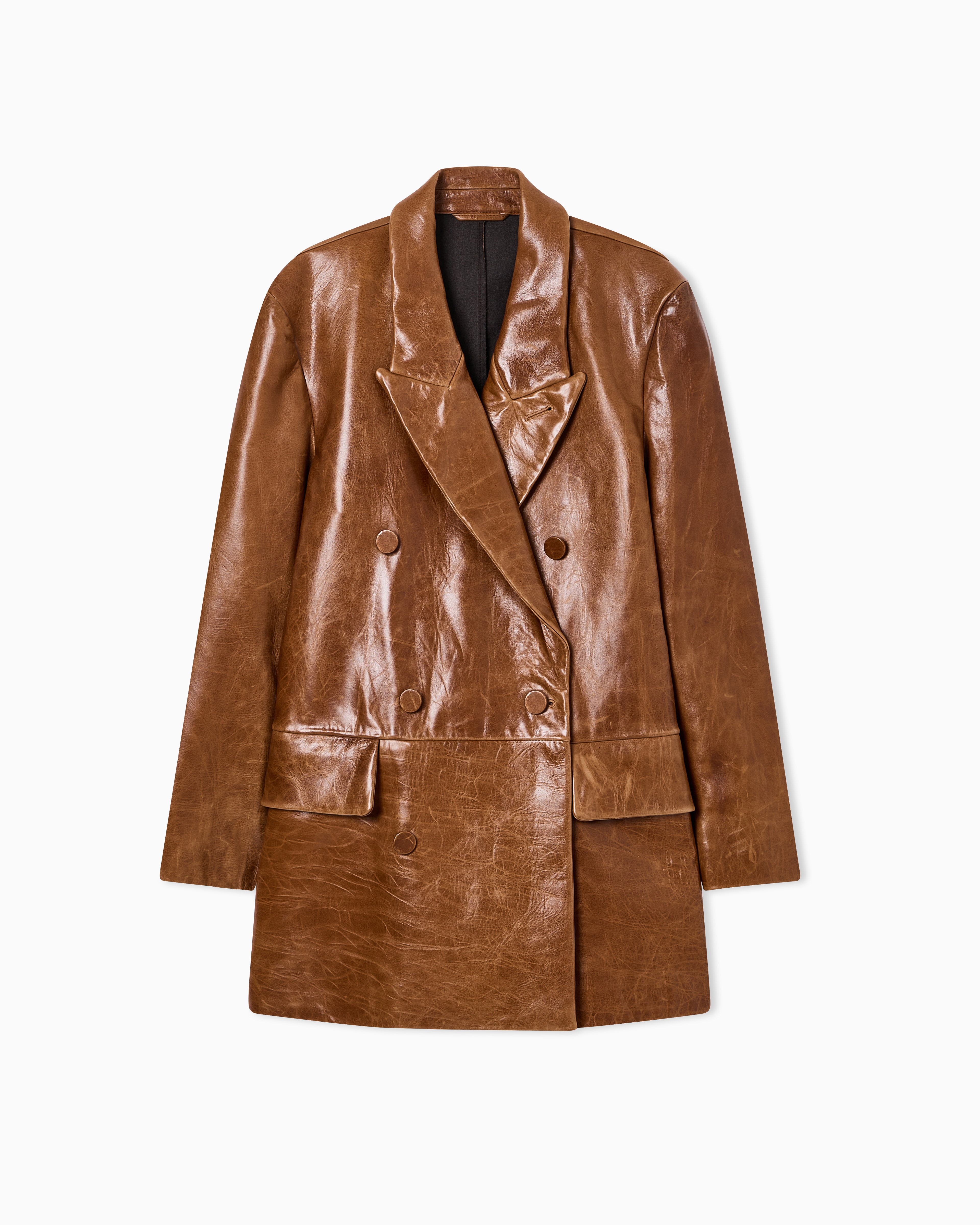 Emporio Armani - Double-breasted blazer in bonded-finish lambskin nappa leather, Man, Brown, Size: 52