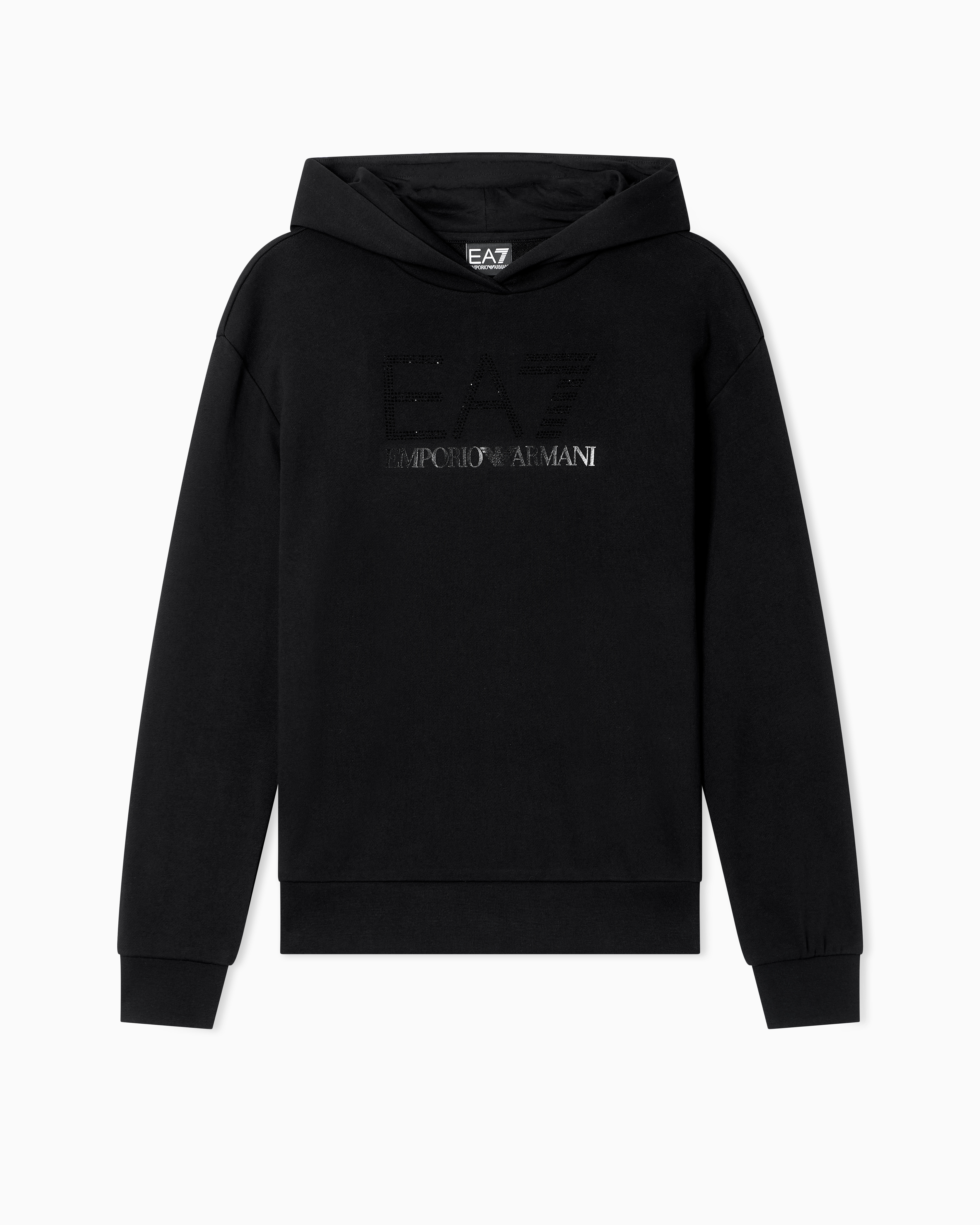 Ea7 Logo Series Organic Cotton-blend Hooded Sweatshirt With Rhinestones In Black