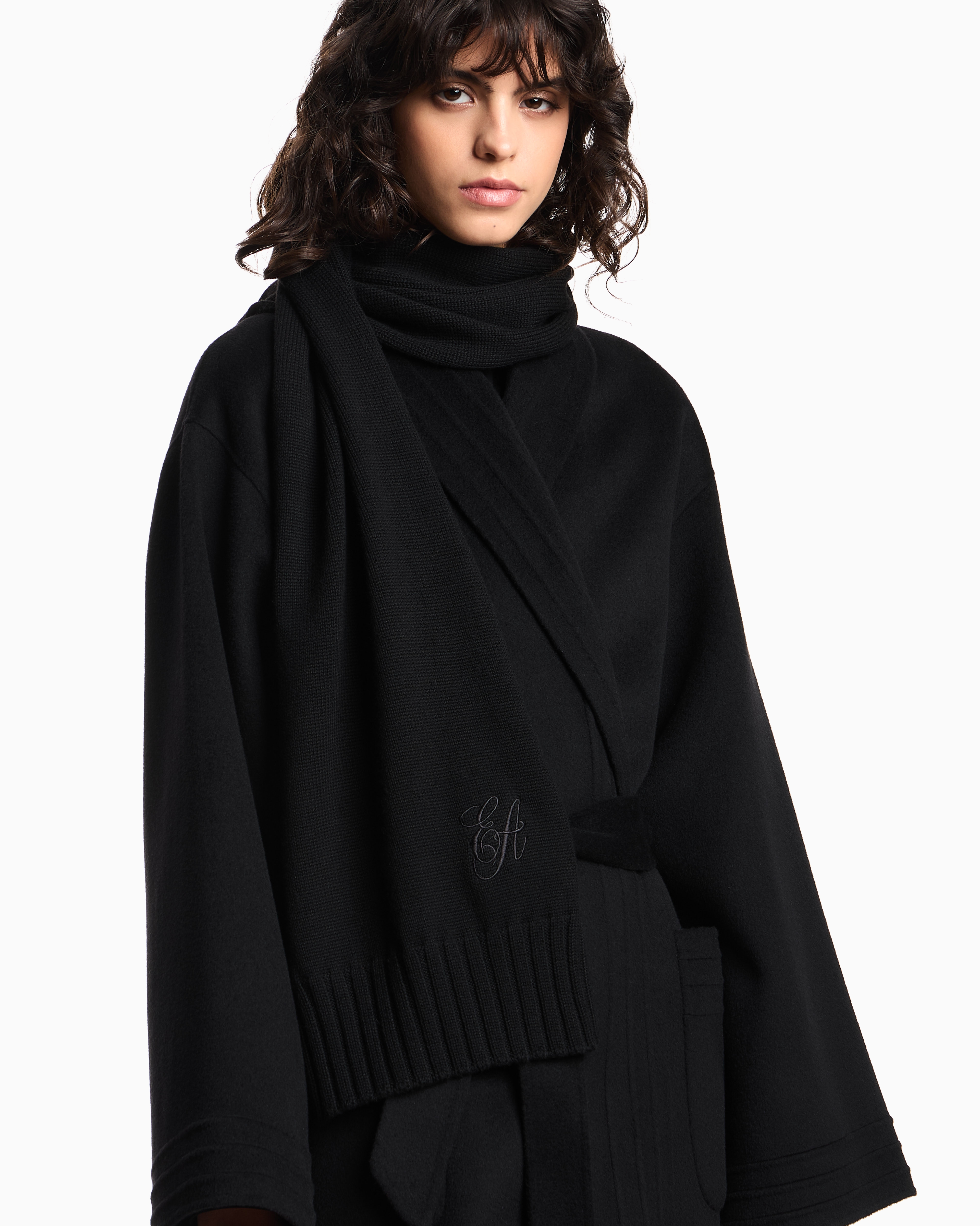 Emporio Armani - Wool scarf with EA signature logo embroidery, Woman, Black, Size: TU