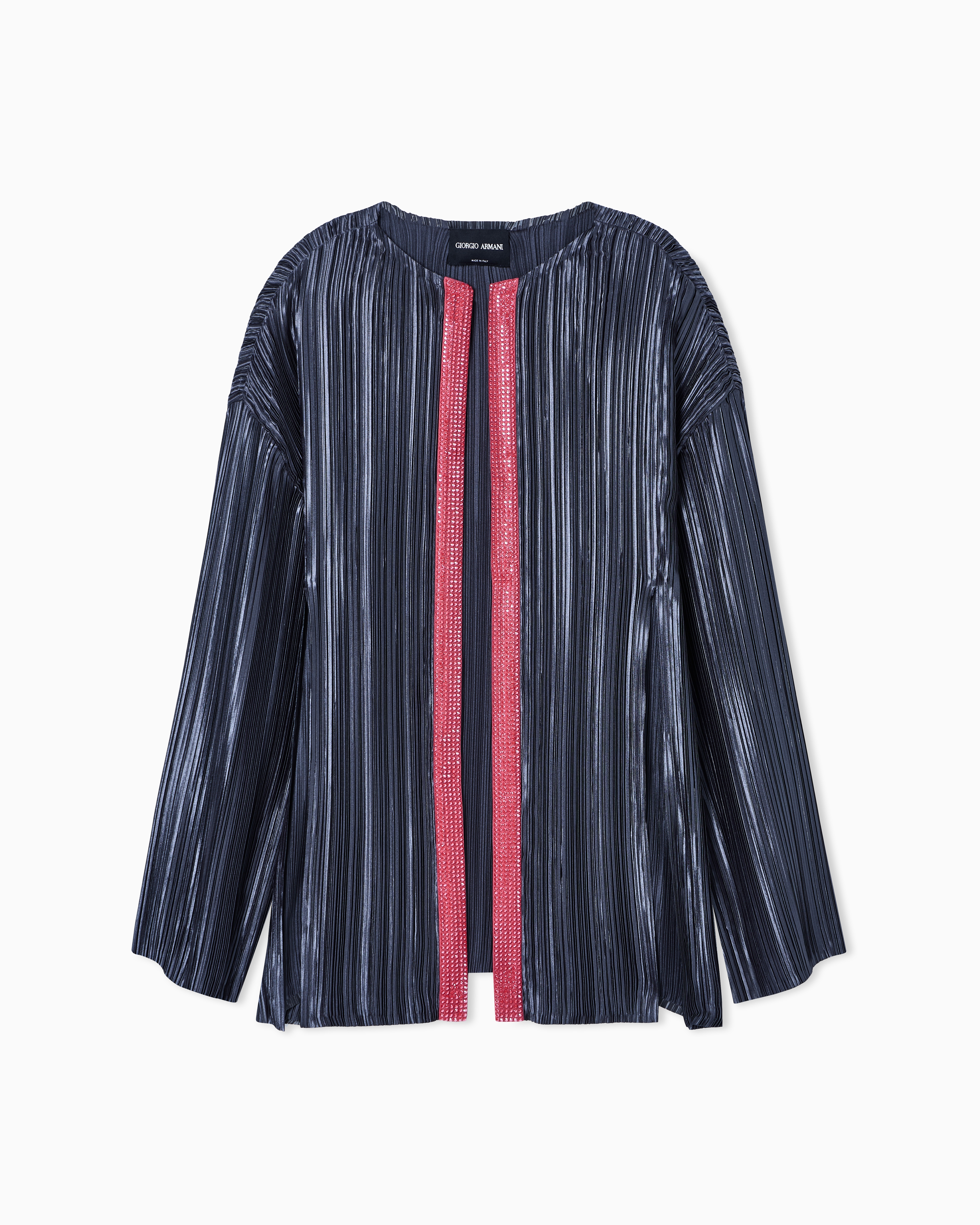 Giorgio Armani Single-breasted Jacket In Pleated Fabric With Rhinestones In Black