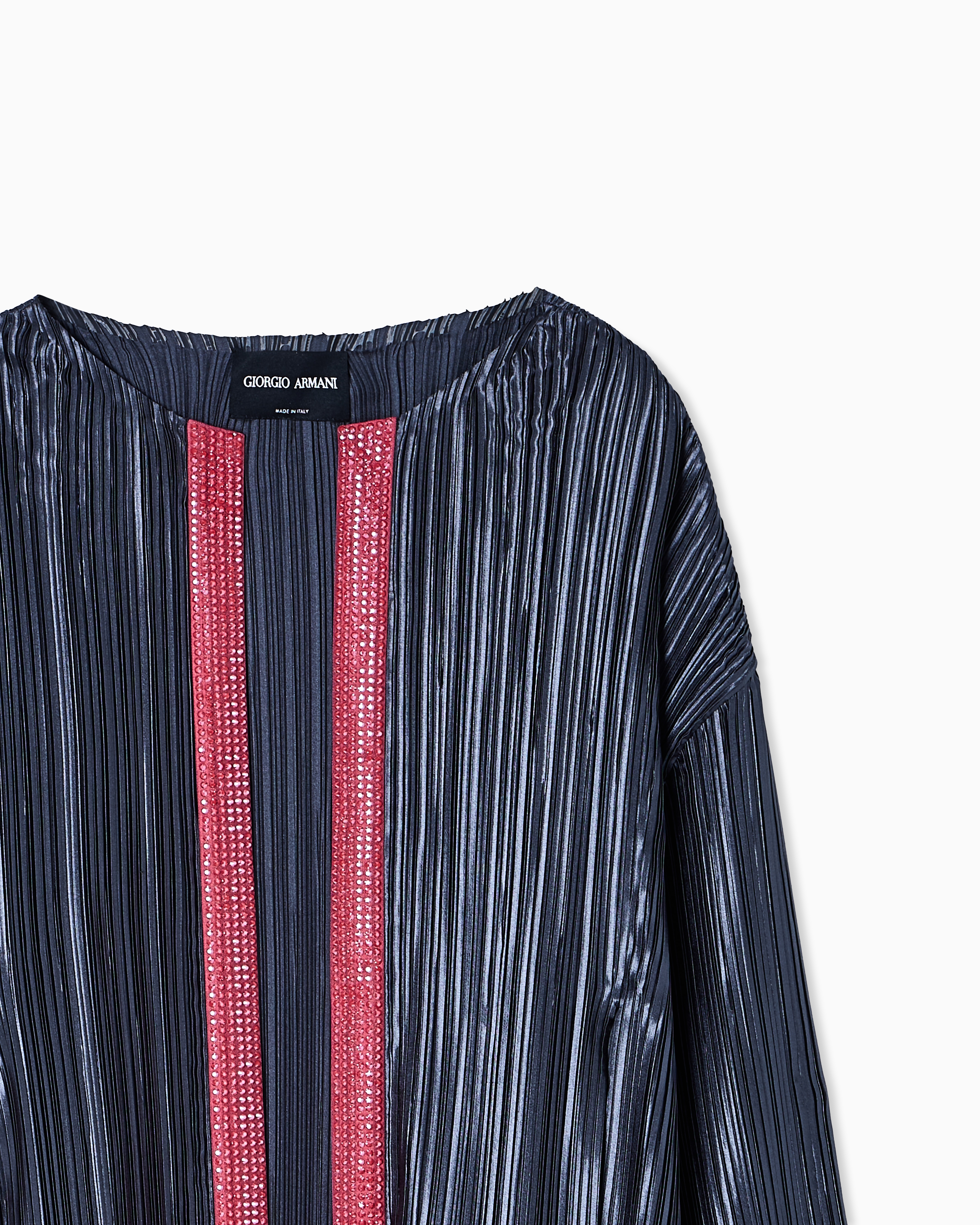 Giorgio Armani Single-breasted Jacket In Pleated Fabric With Rhinestones In Black