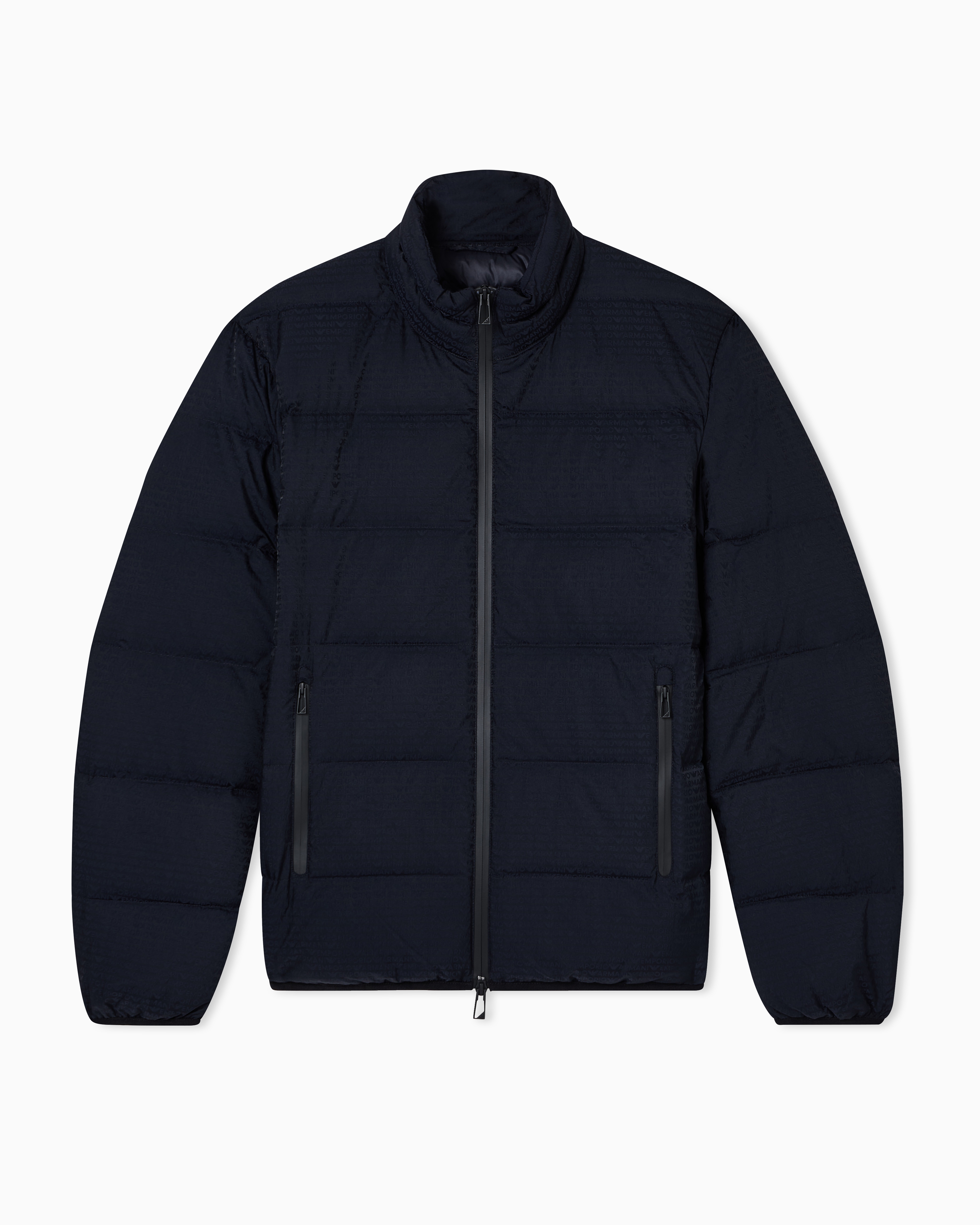 Emporio Armani Men's Navy Blue Water-Repellent, Quilted Nylon Down Jacket With Jacquard Logo Lettering