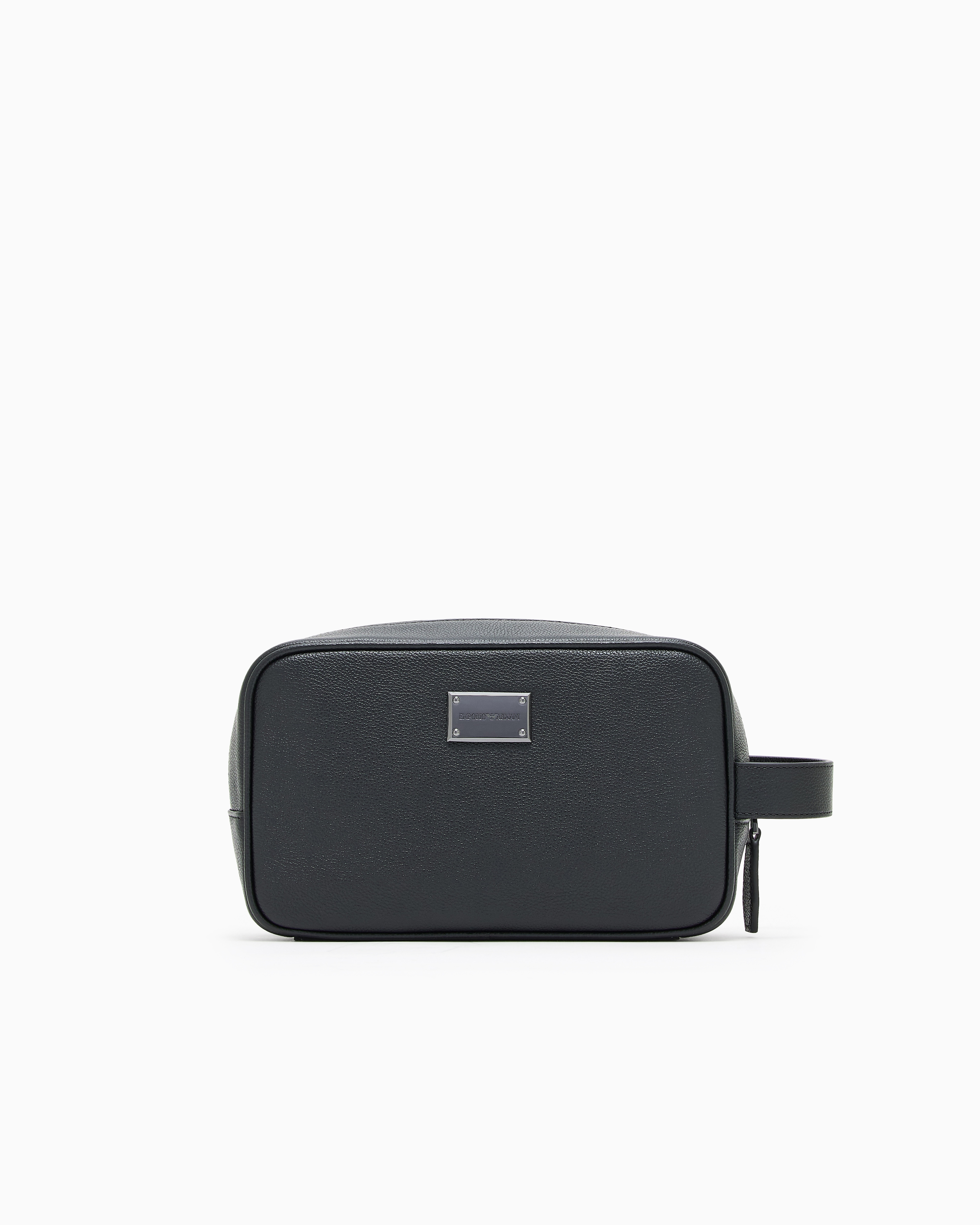 Emporio Armani - Tumbled leather washbag, Man, Black, Size: TU