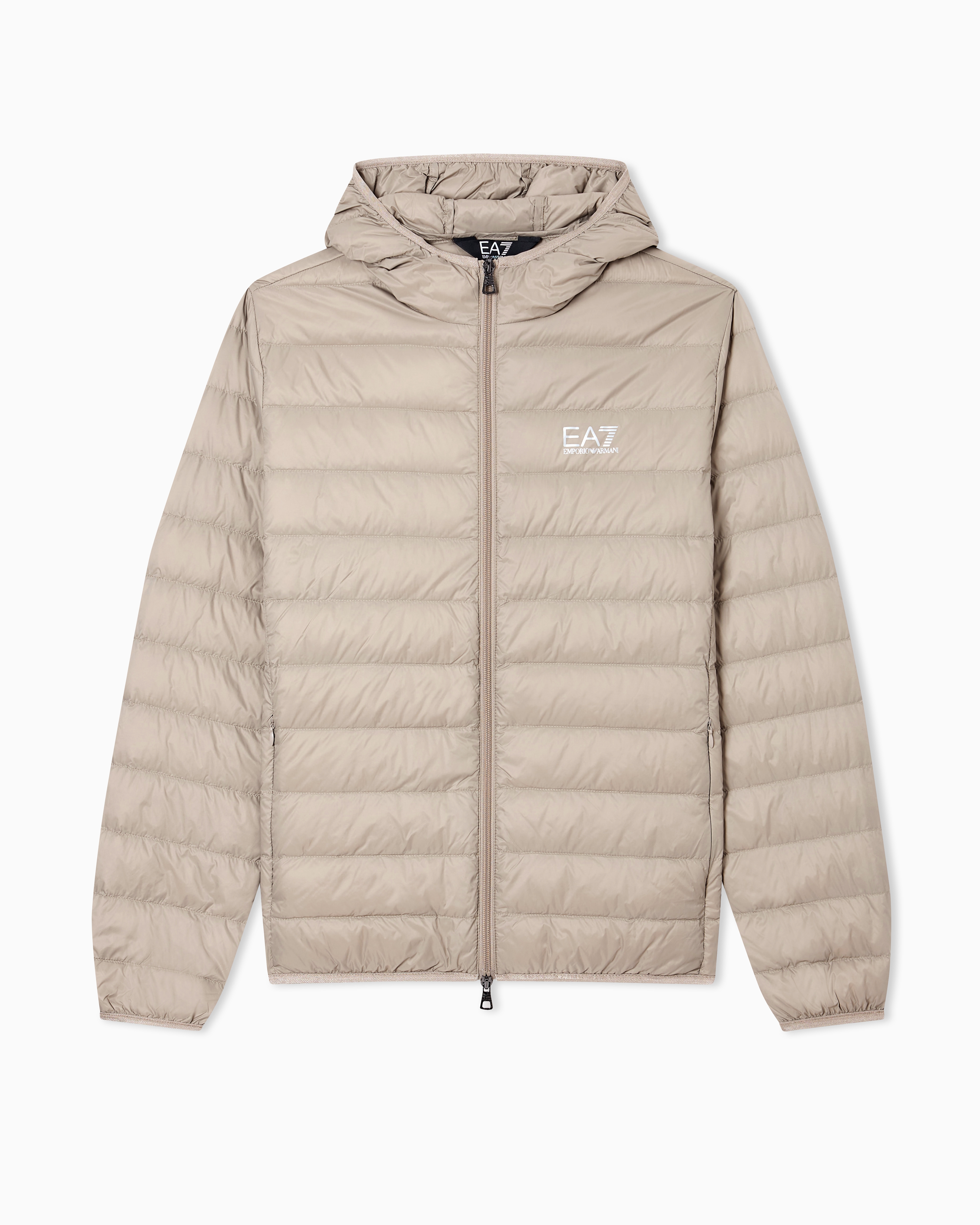 Ea7 Core Identity Packable Down Jacket With Hood In Sand