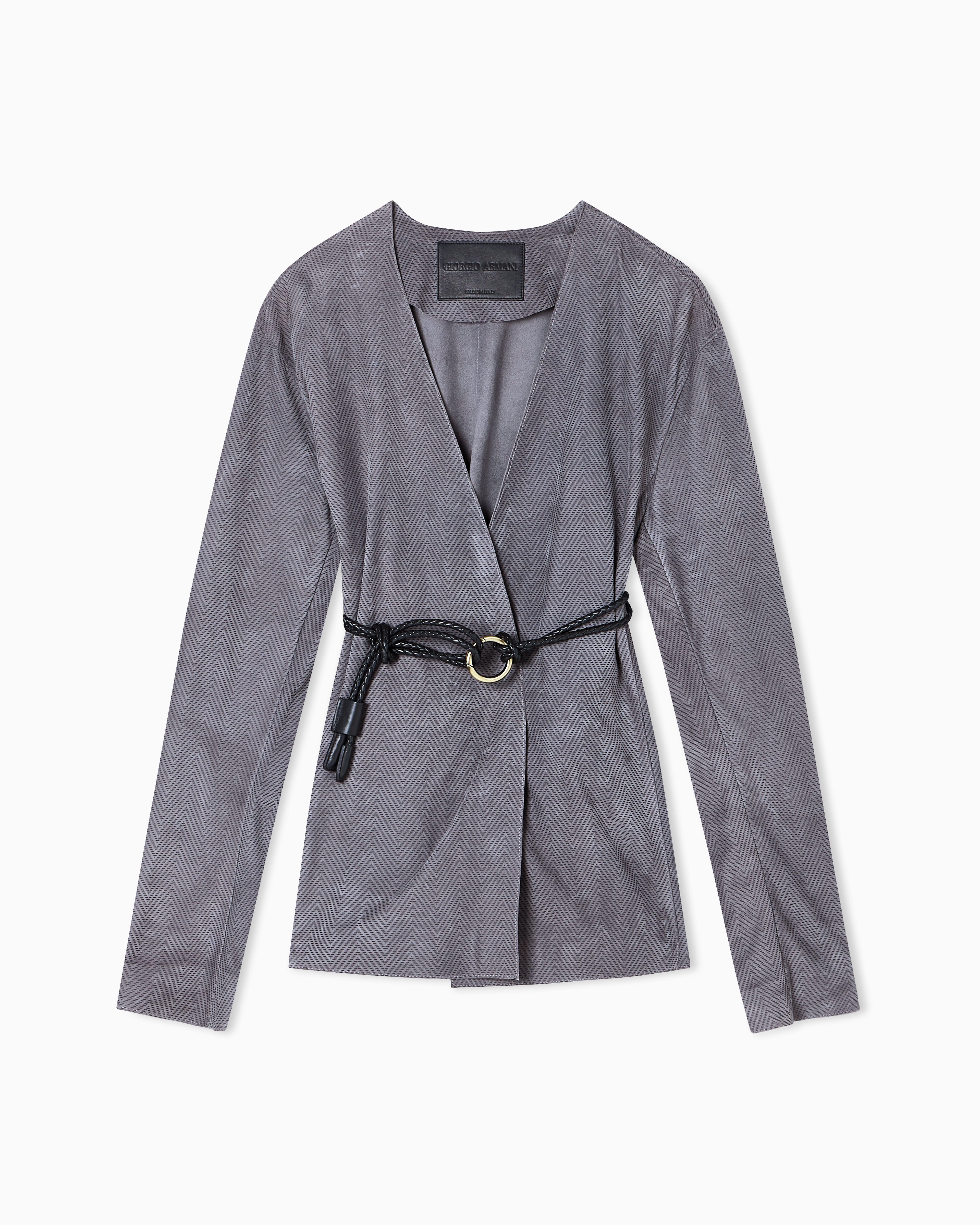 Giorgio Armani Grey Suede-Lambskin Shirt Jacket With Chevron Print