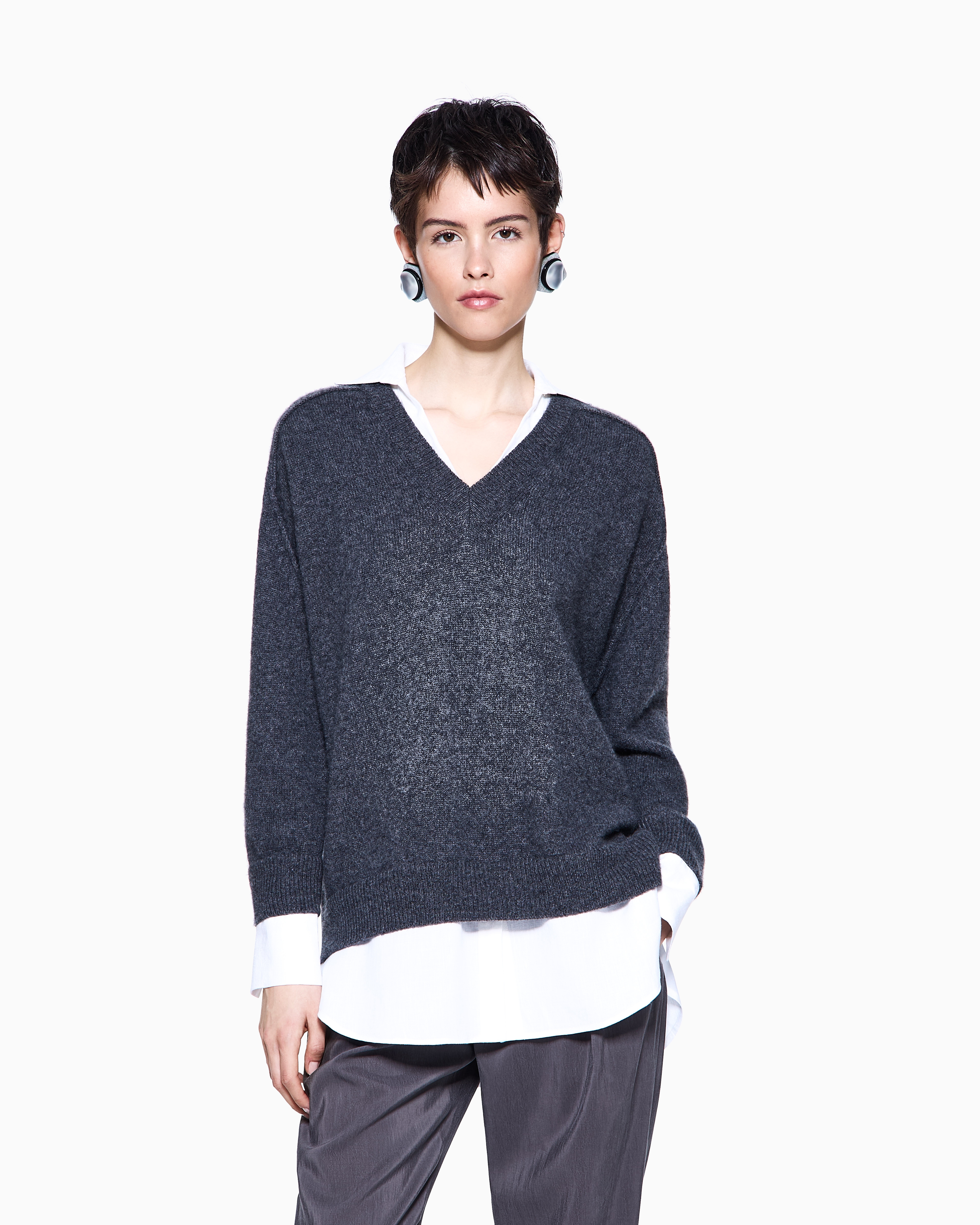 Giorgio Armani Cashmere Jumper With Shirt Details In Gray
