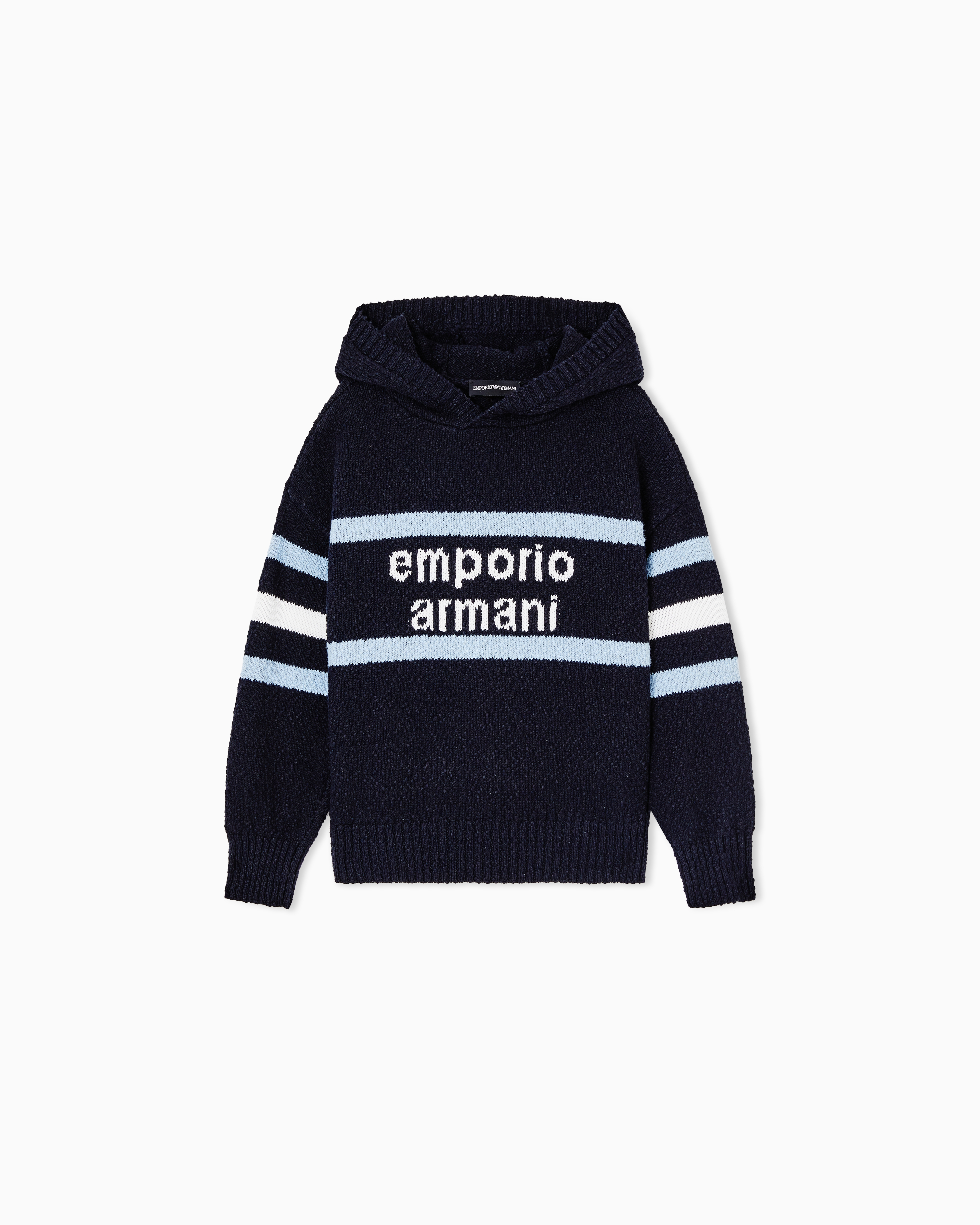 Emporio Armani Navy Blue Hooded Jumper With Jacquard Logo