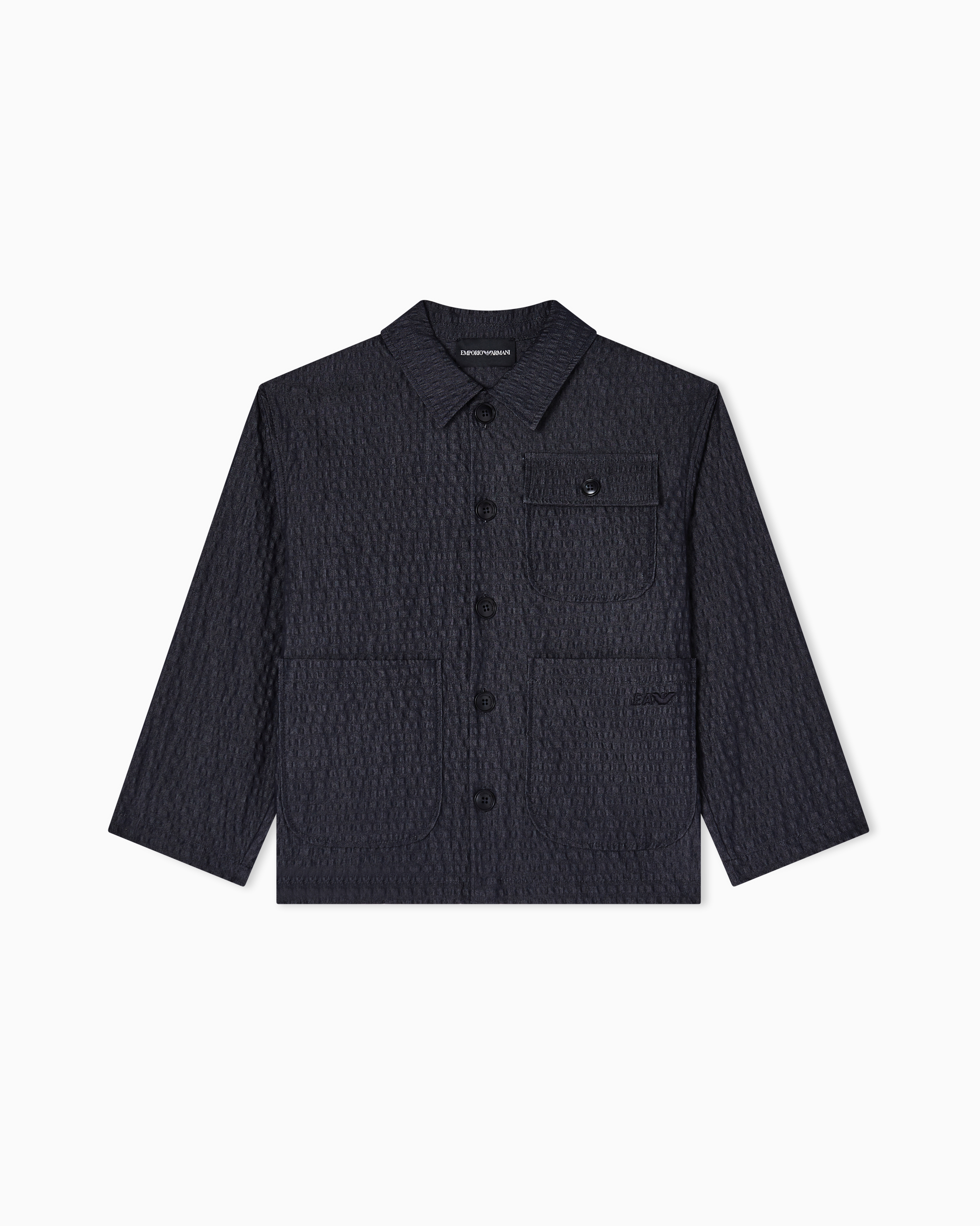 Emporio Armani Navy Blue Denim-Effect Seersucker Blazer