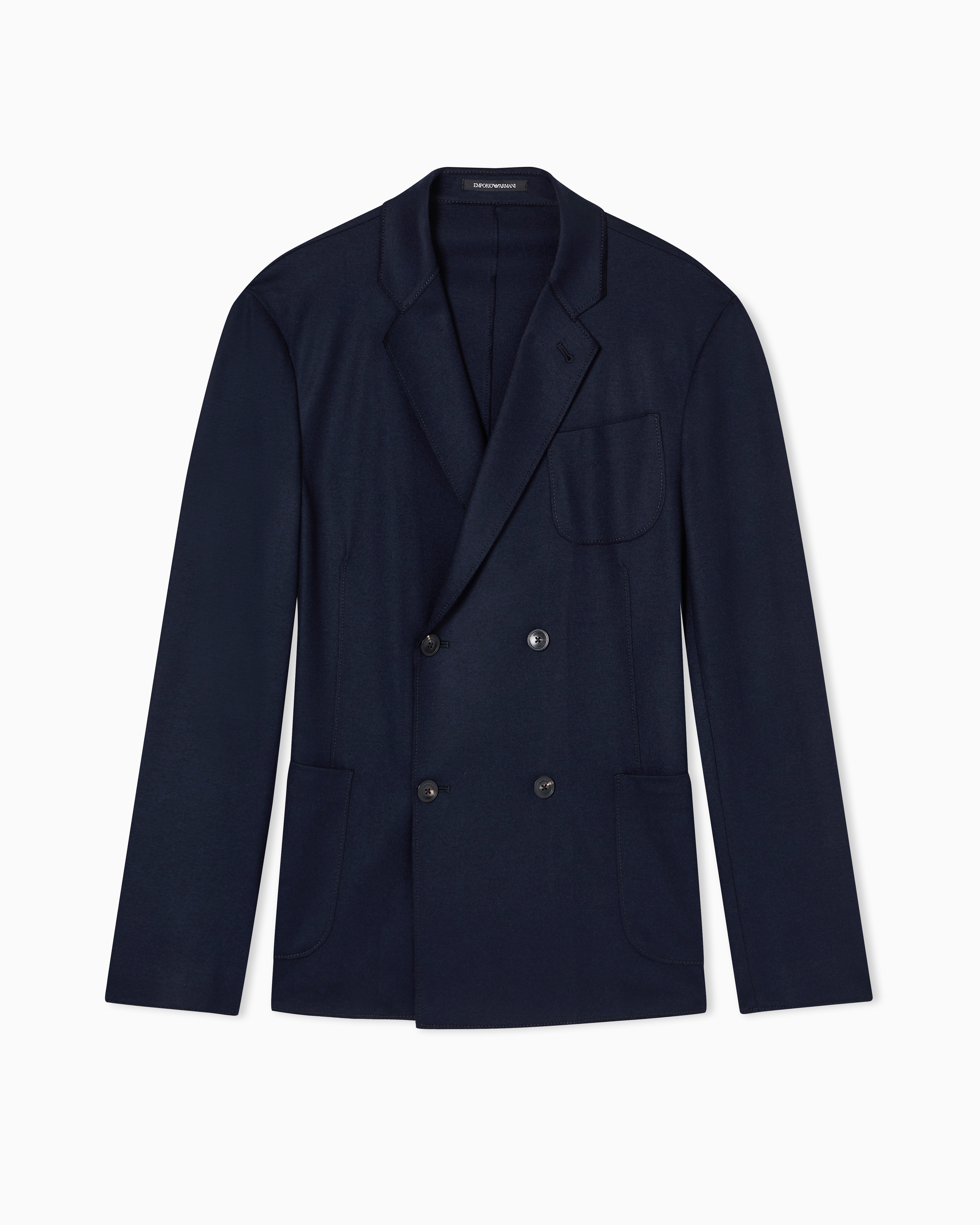 Emporio Armani Blue Double-Breasted Blazer In Ultra-Lightweight Compact Wool Jersey