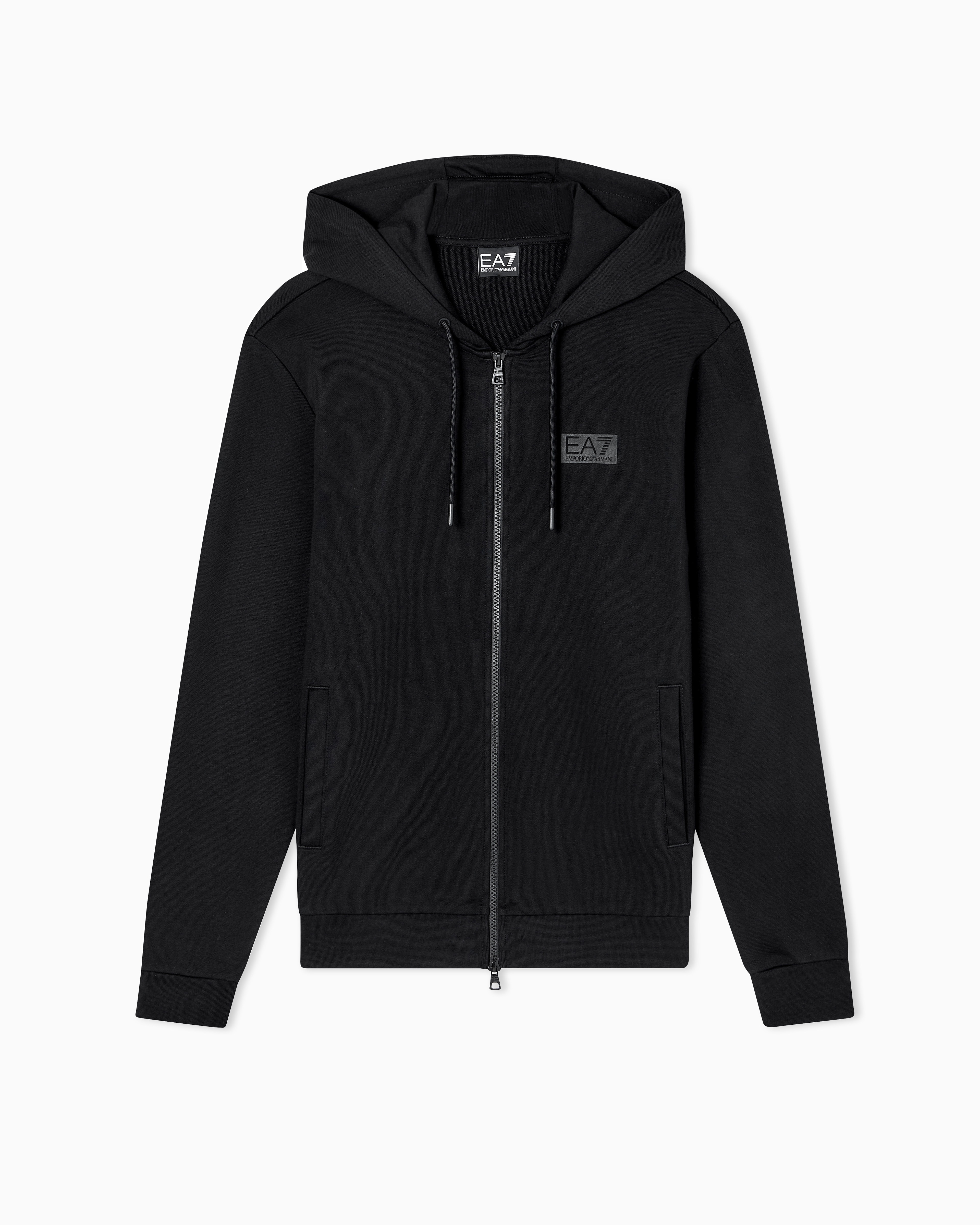 Ea7 Black Logo Series Cotton Hooded, Zip-Up Sweatshirt