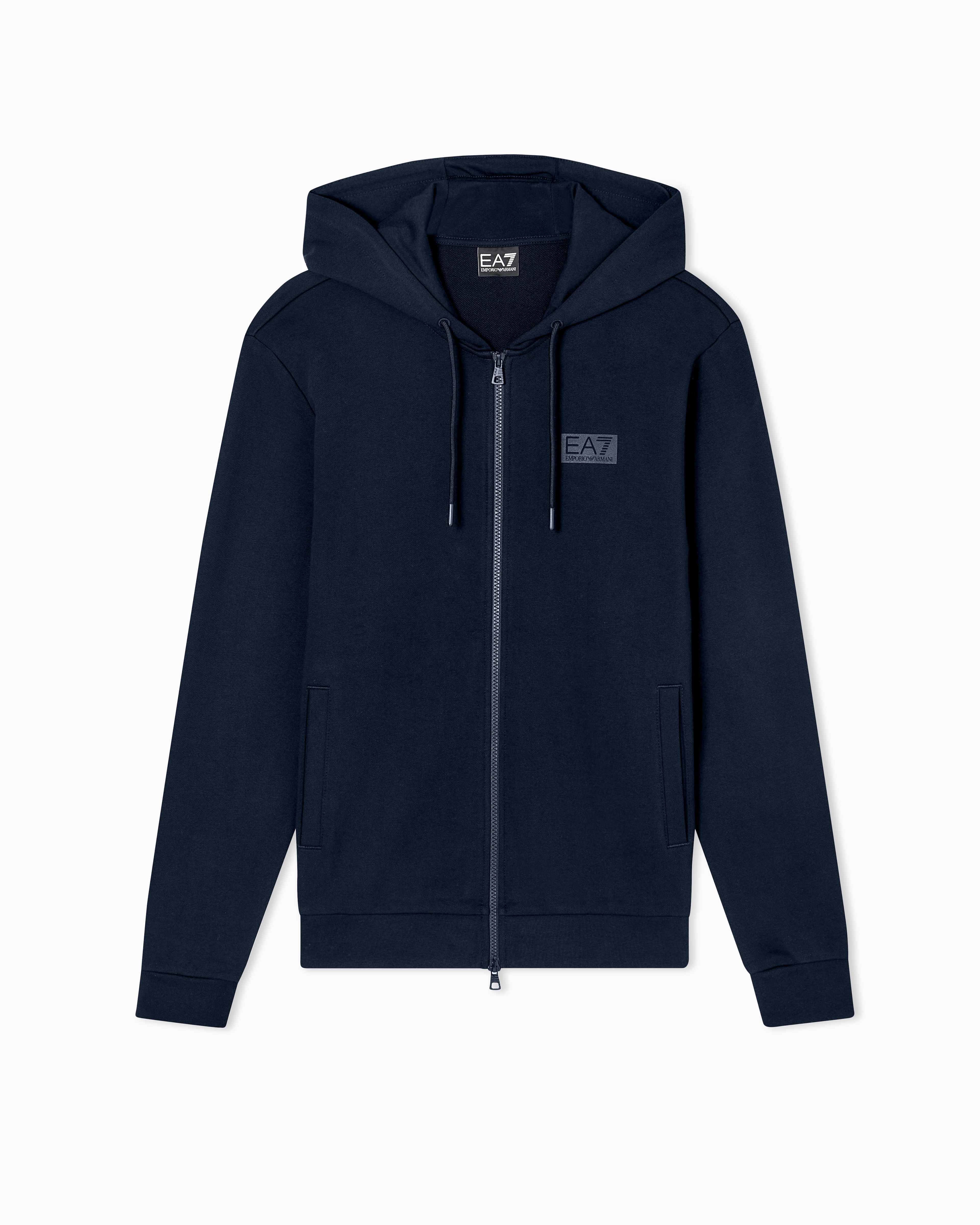 Ea7 Navy Blue Logo Series Cotton Hooded, Zip-Up Sweatshirt