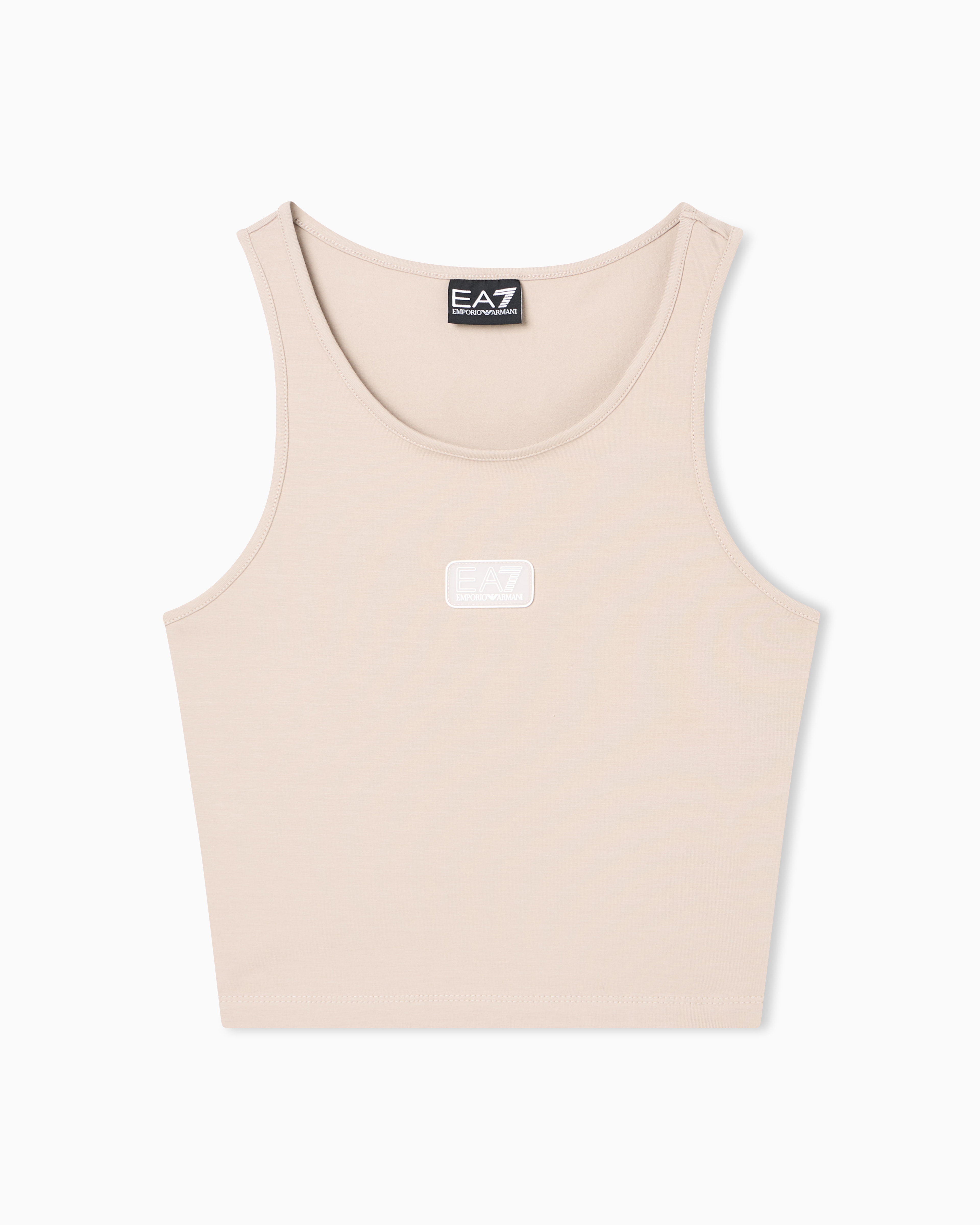 Ea7 Beige Logo Series Stretch Cotton Jersey Top With Logo