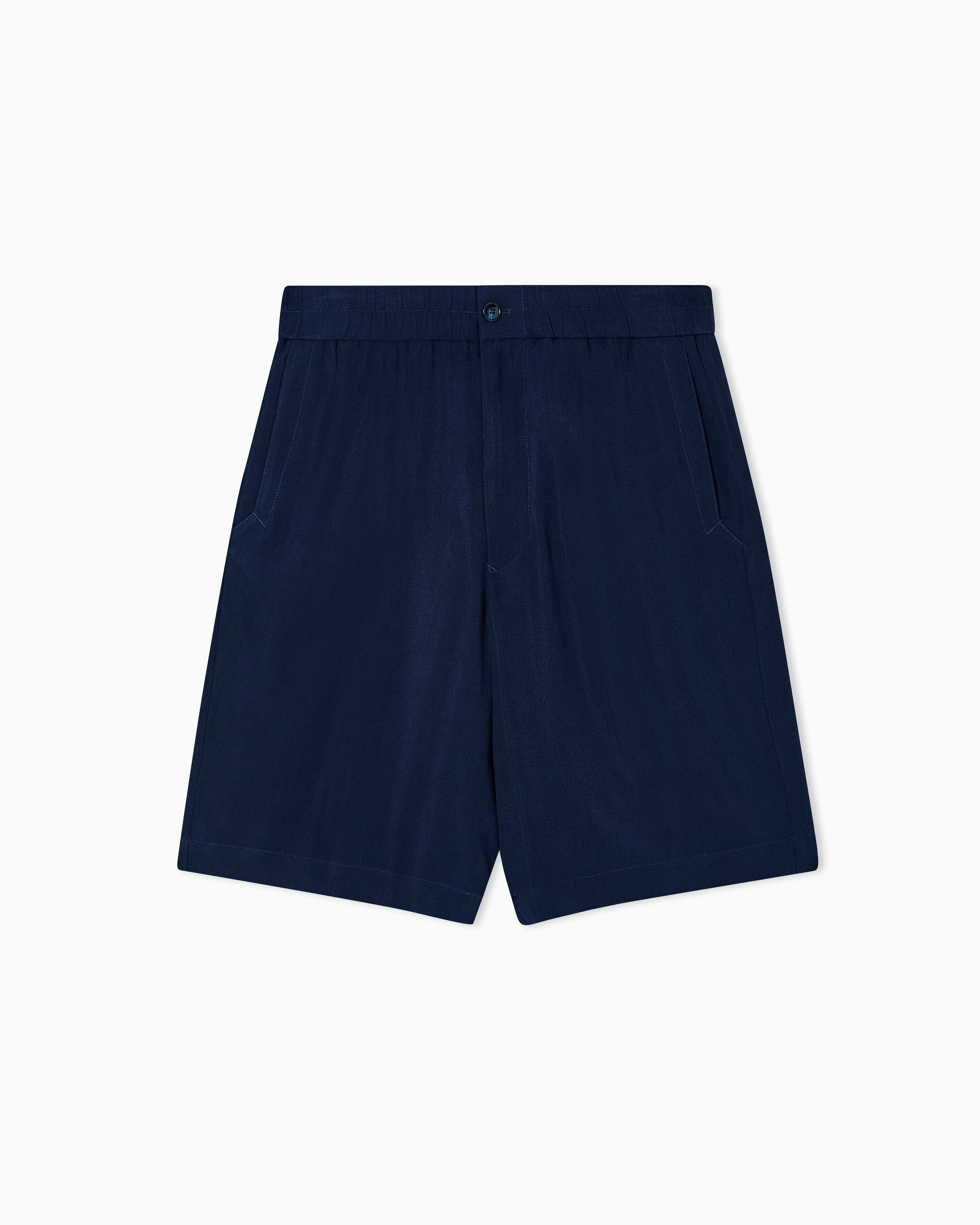 Giorgio Armani Navy Blue Cupro Basketweave Single-Pleat Bermuda Shorts