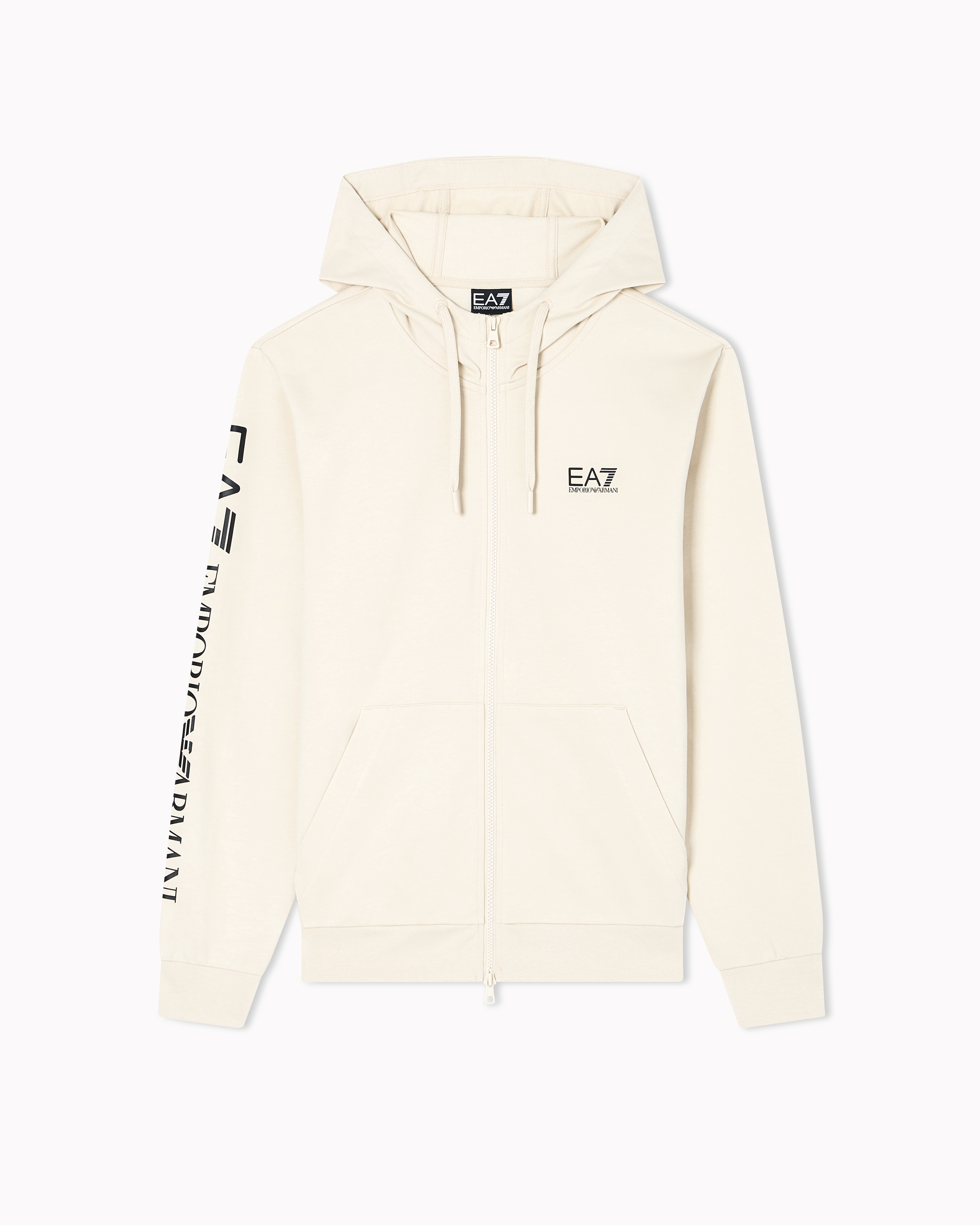 Ea7 Beige Logo Series Cotton Hooded, Zip-Up Sweatshirt
