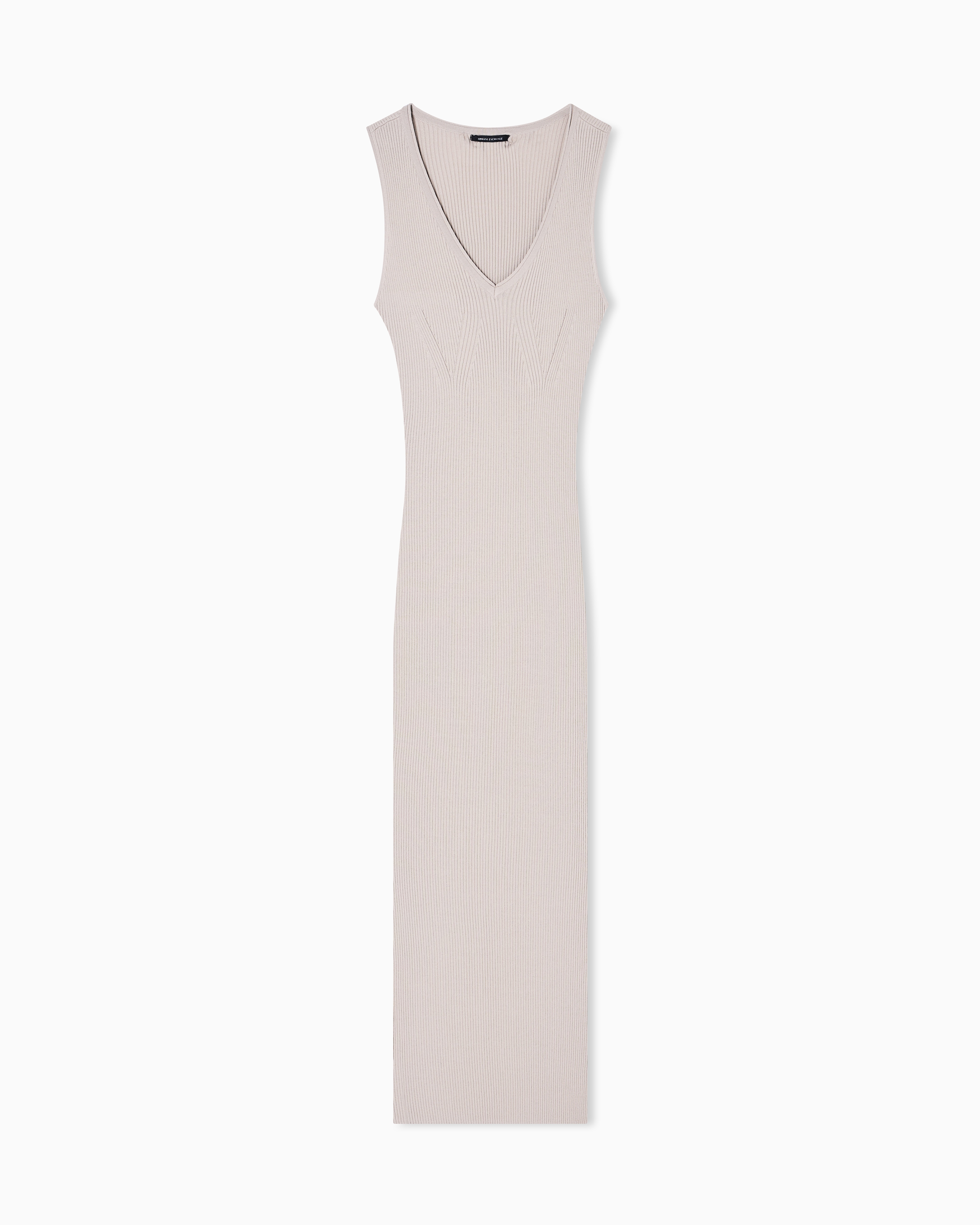 Armani Exchange Beige Long Dress In Openwork Knit With V-Neck