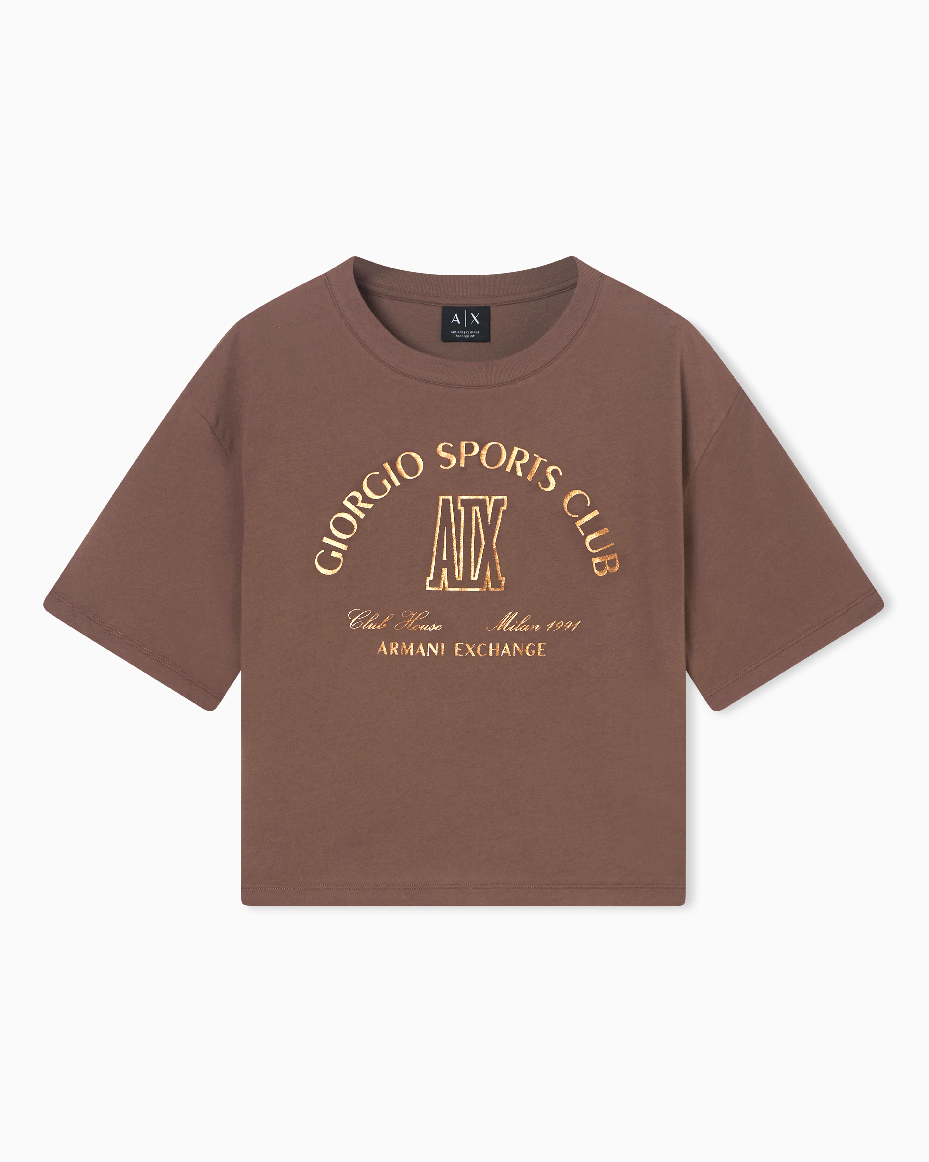 Armani Exchange Brown Cropped T-Shirt In Cotton Jersey