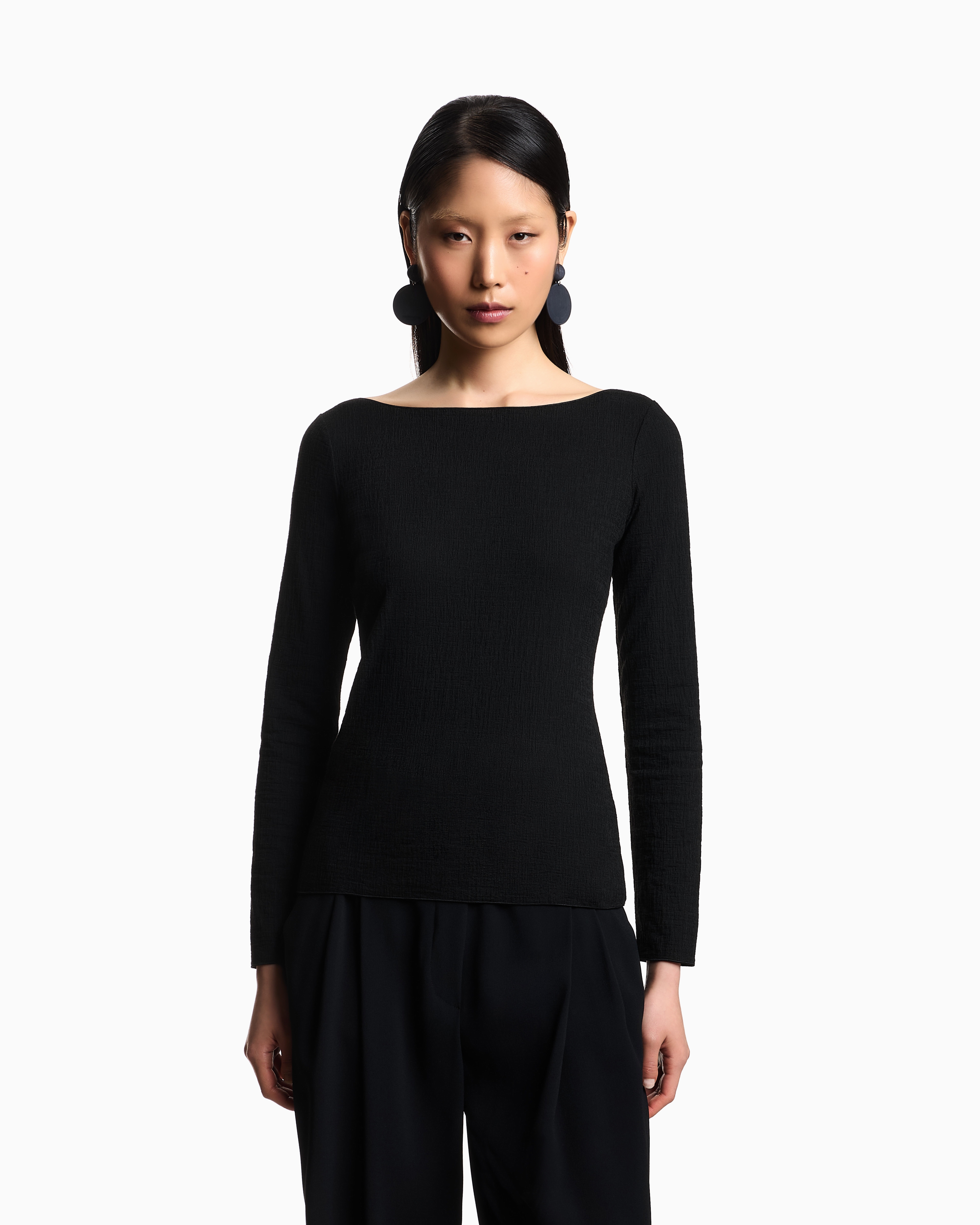 Emporio Armani Geometric Pattern Boat-neck Textured Knit Jumper In Black