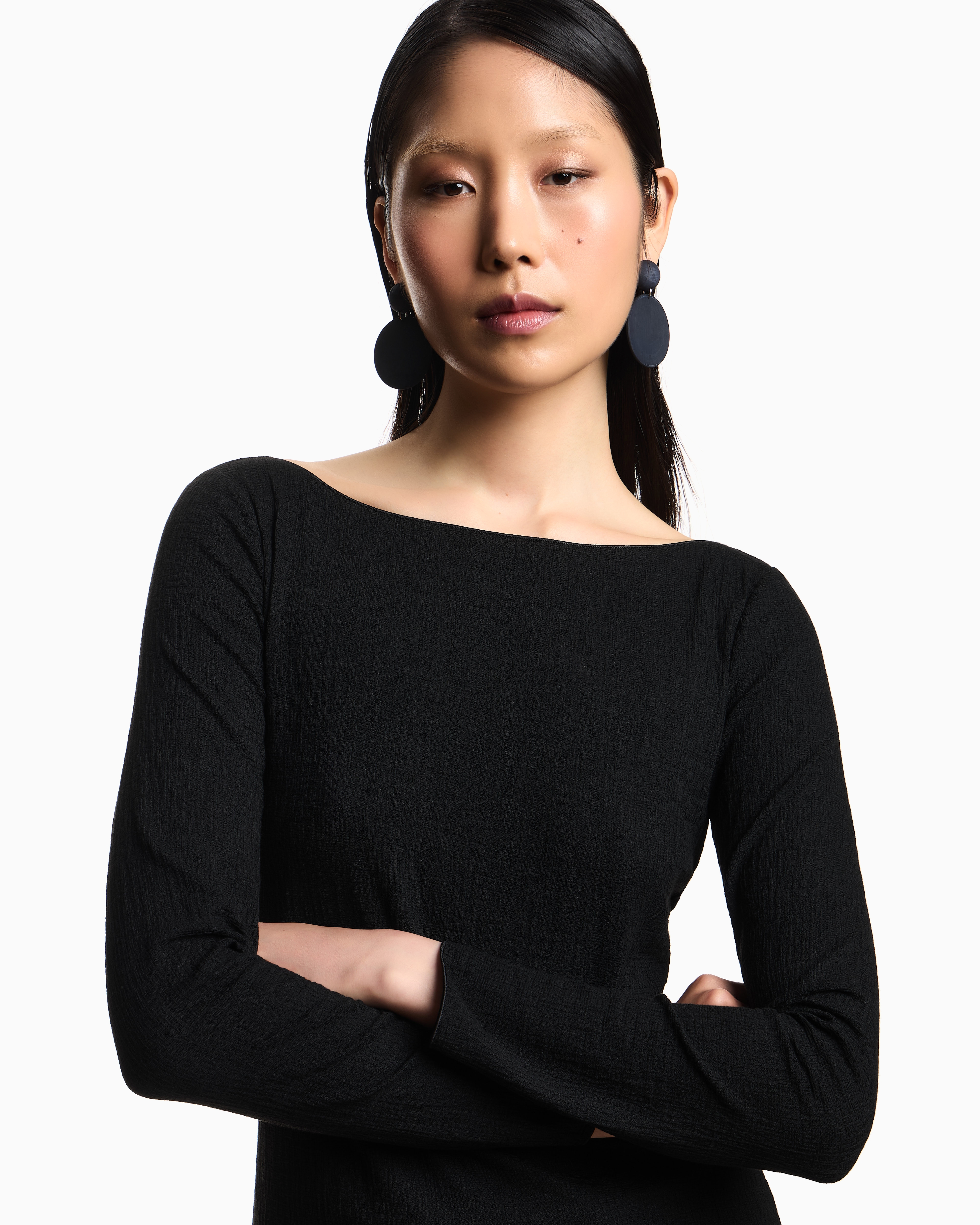 Emporio Armani Geometric Pattern Boat-neck Textured Knit Jumper In Black