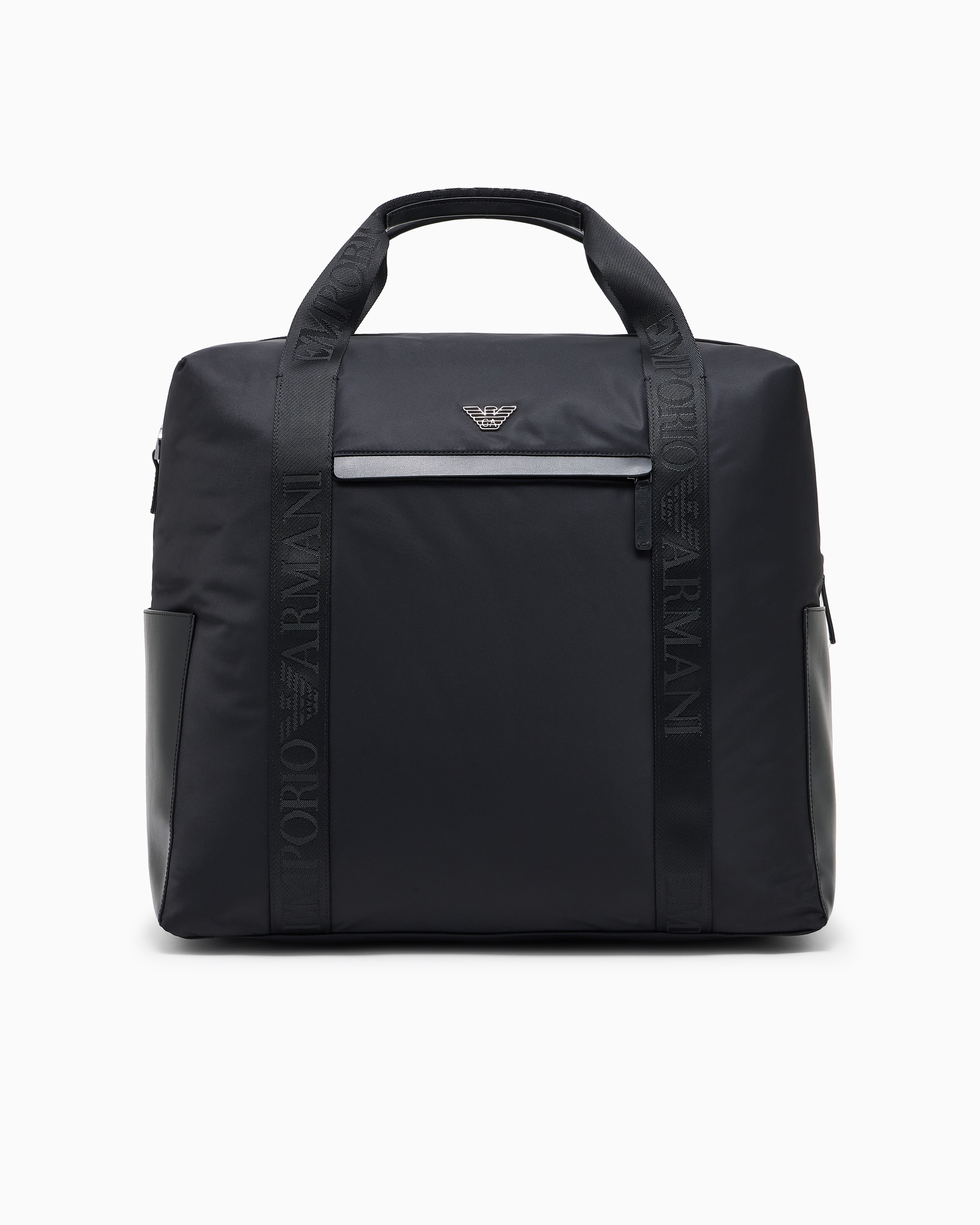 Emporio Armani Black Recycled Duffel Bag With A Zip Closure And Leather Details