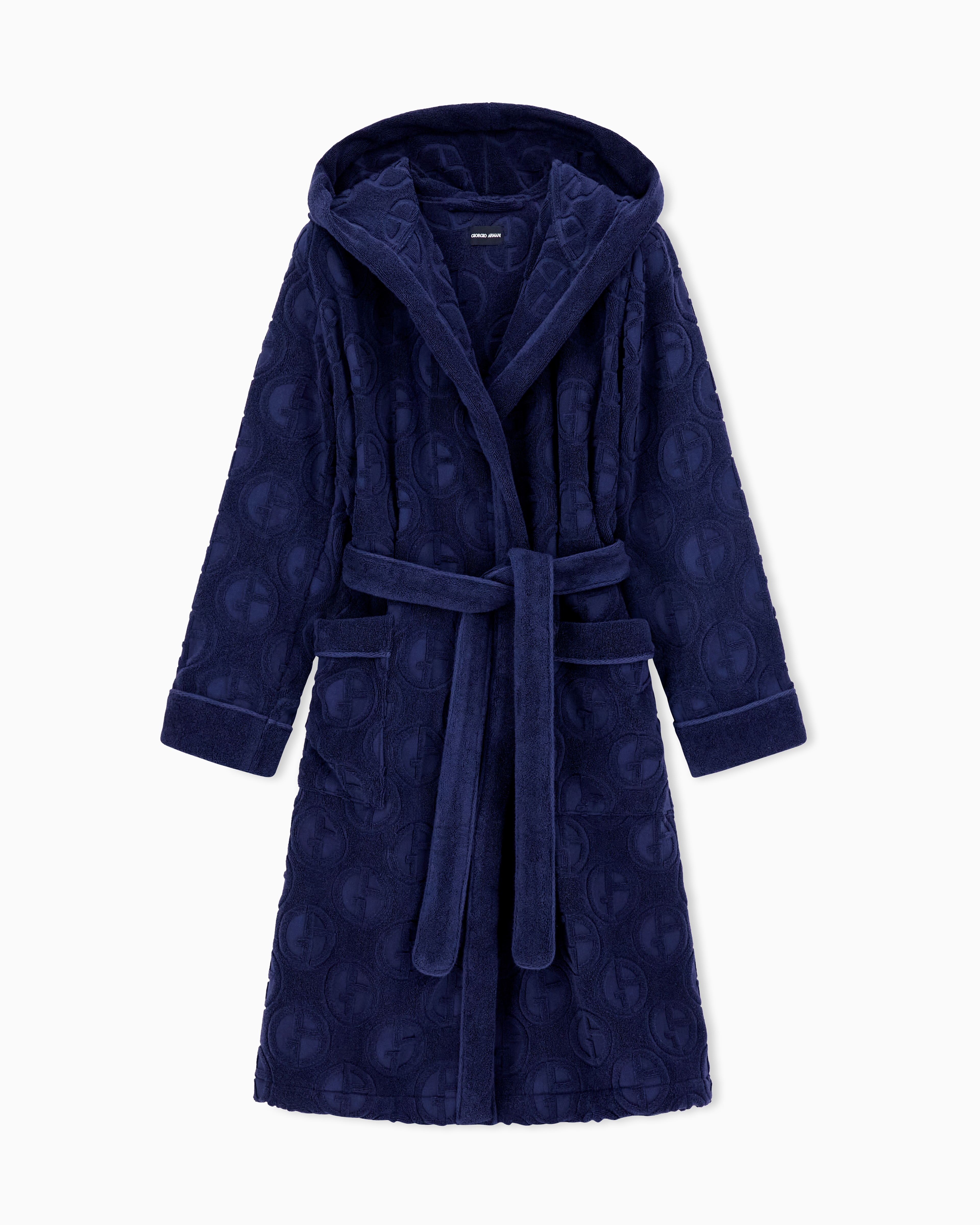 Giorgio Armani Blue Monogram Bathrobe In Cotton Terry With A Hood