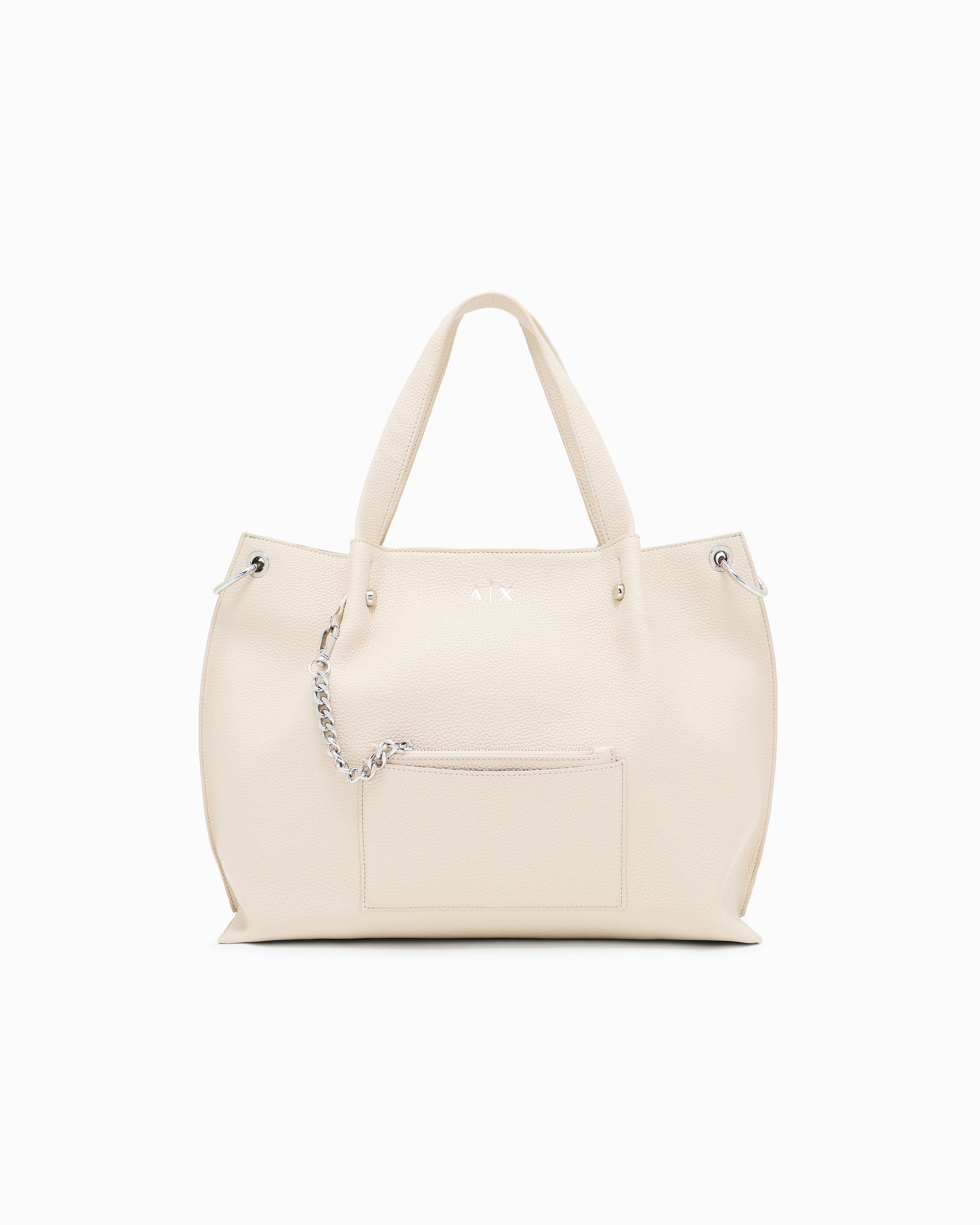 Armani Exchange Beige Textured Fabric Shopper With Chain Strap