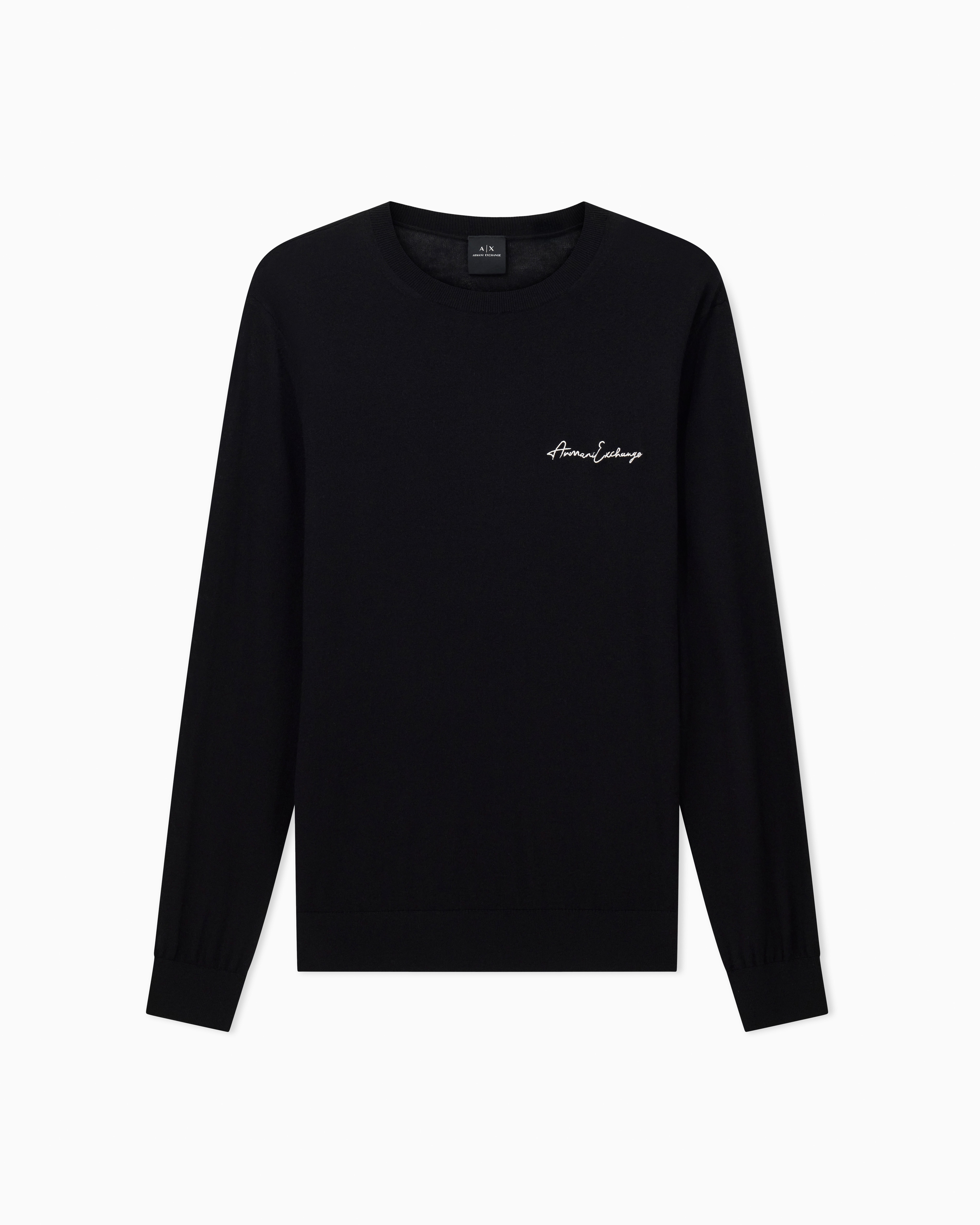 Wool blend crew neck sweater with chest logo