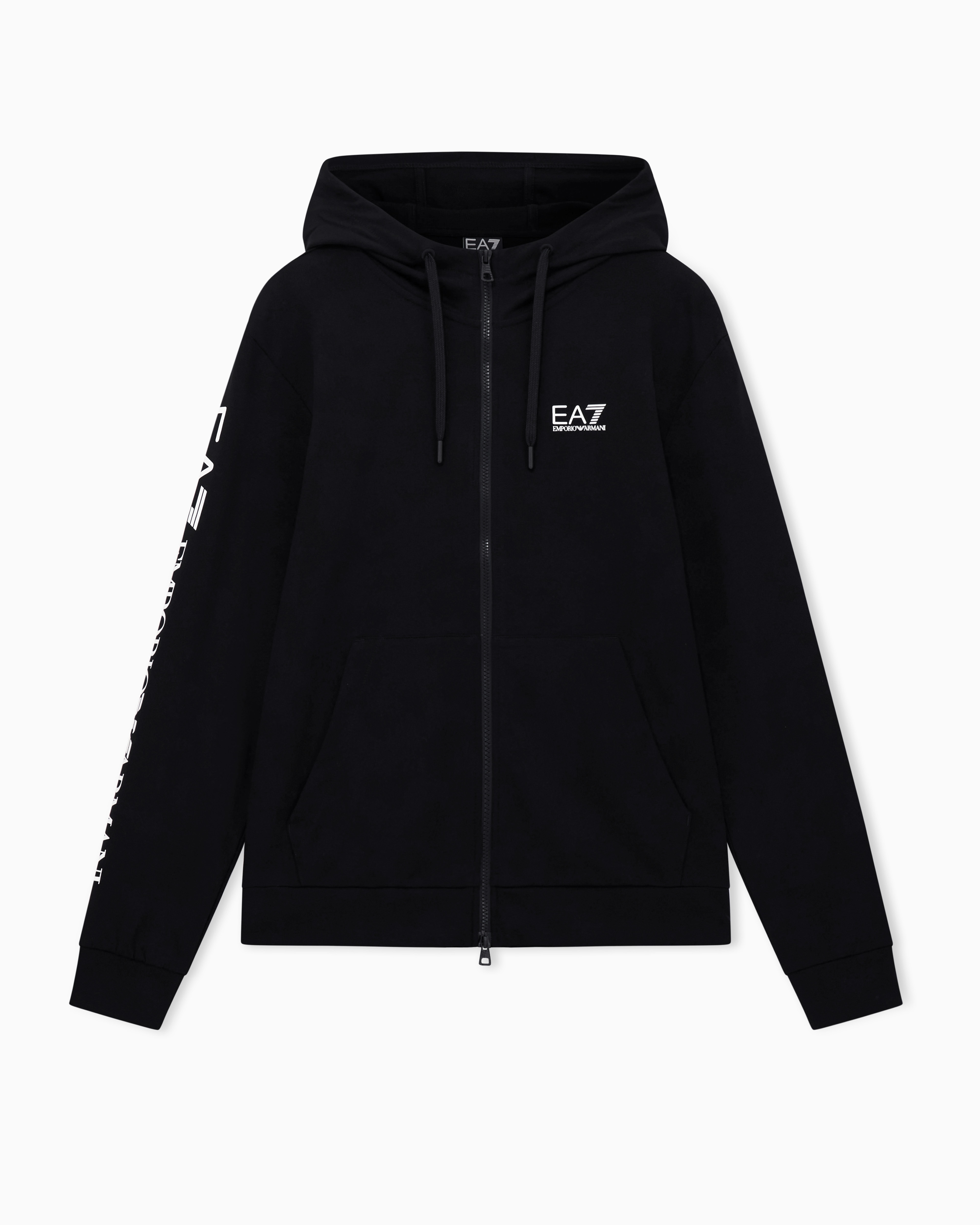 Ea7 Black Logo Series Cotton Hooded, Zip-Up Sweatshirt